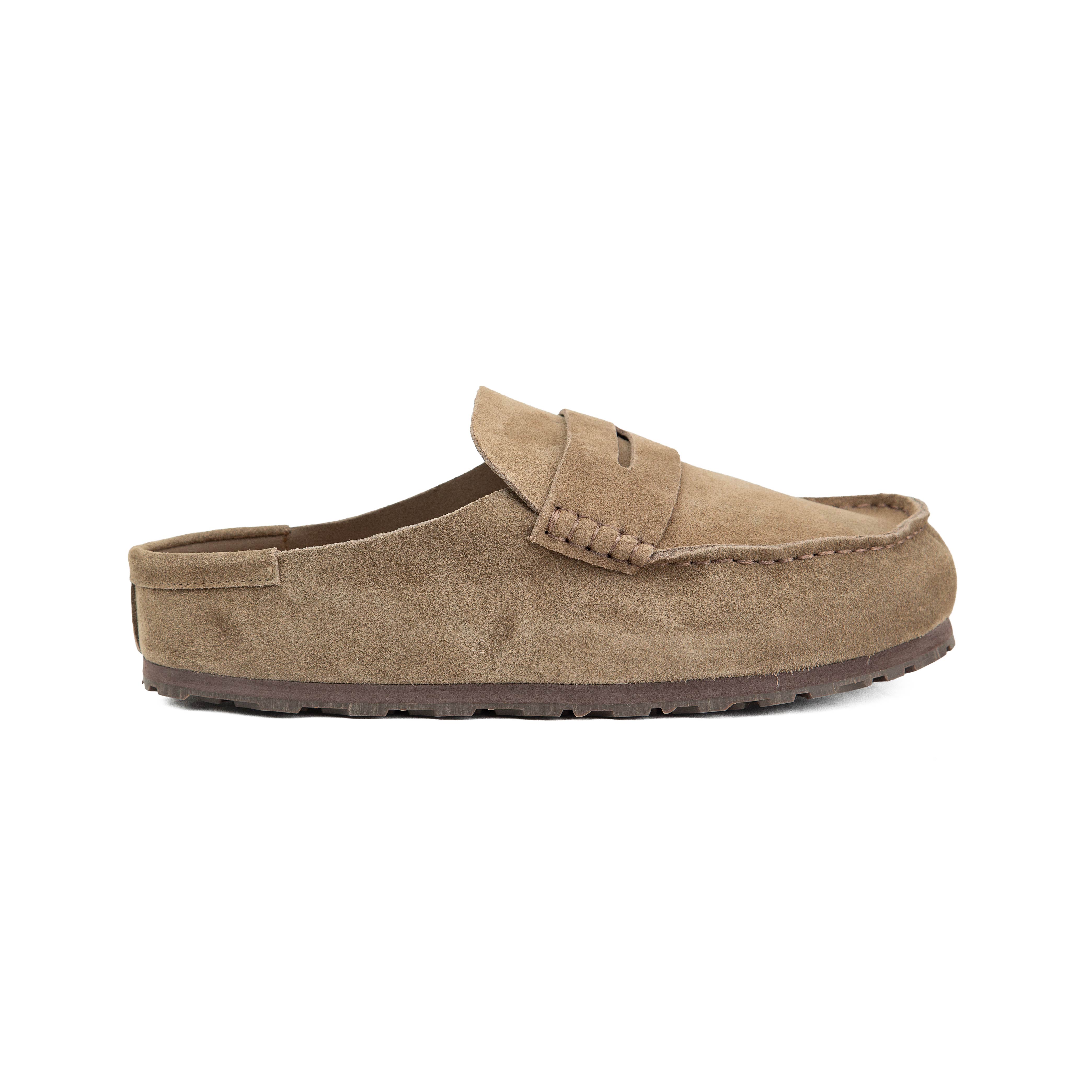 Shop our luxury Taupe Suede Penny Loafer Mules.