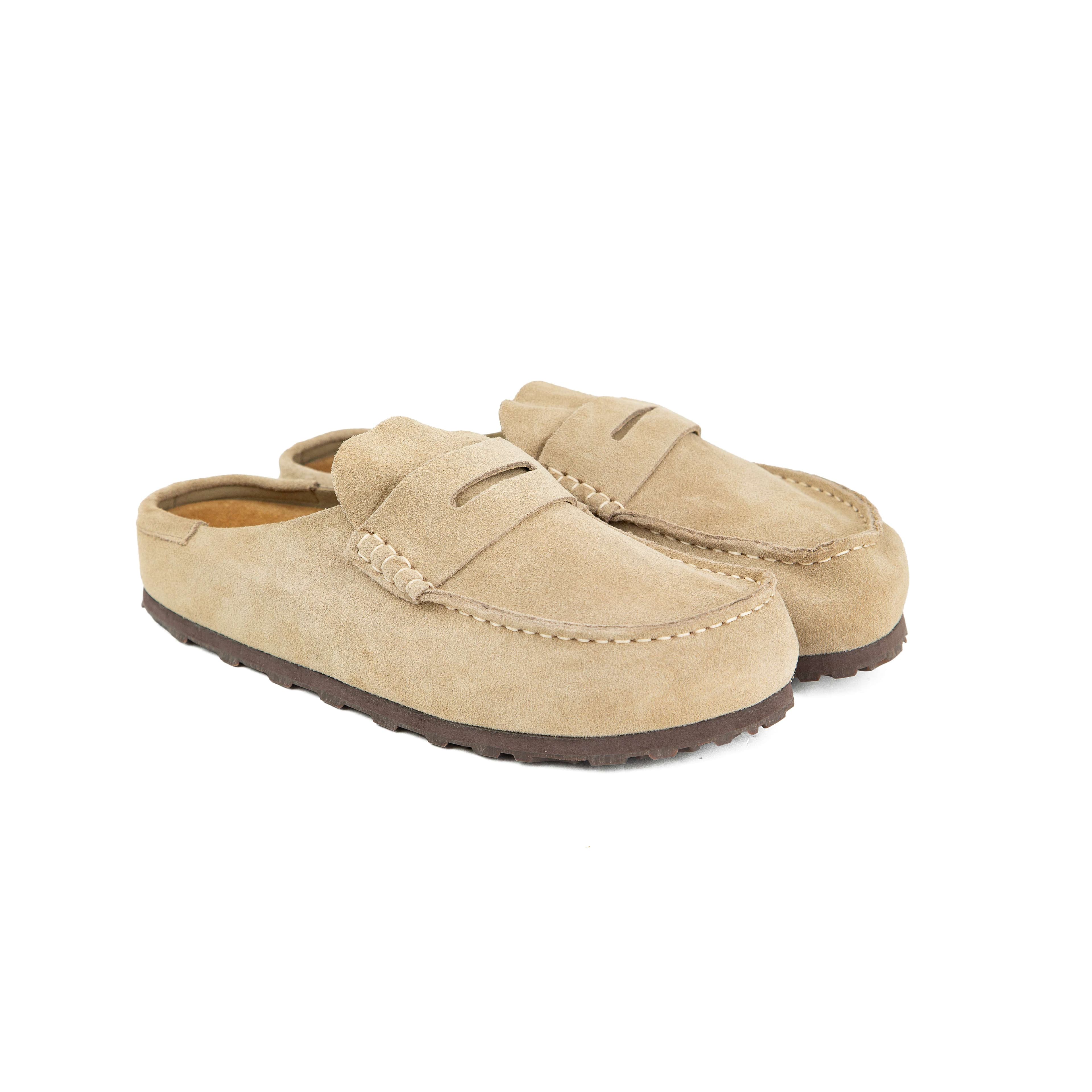 Premium Suede Penny Loafer Mules - Sand Beige Slip-On Shoes
