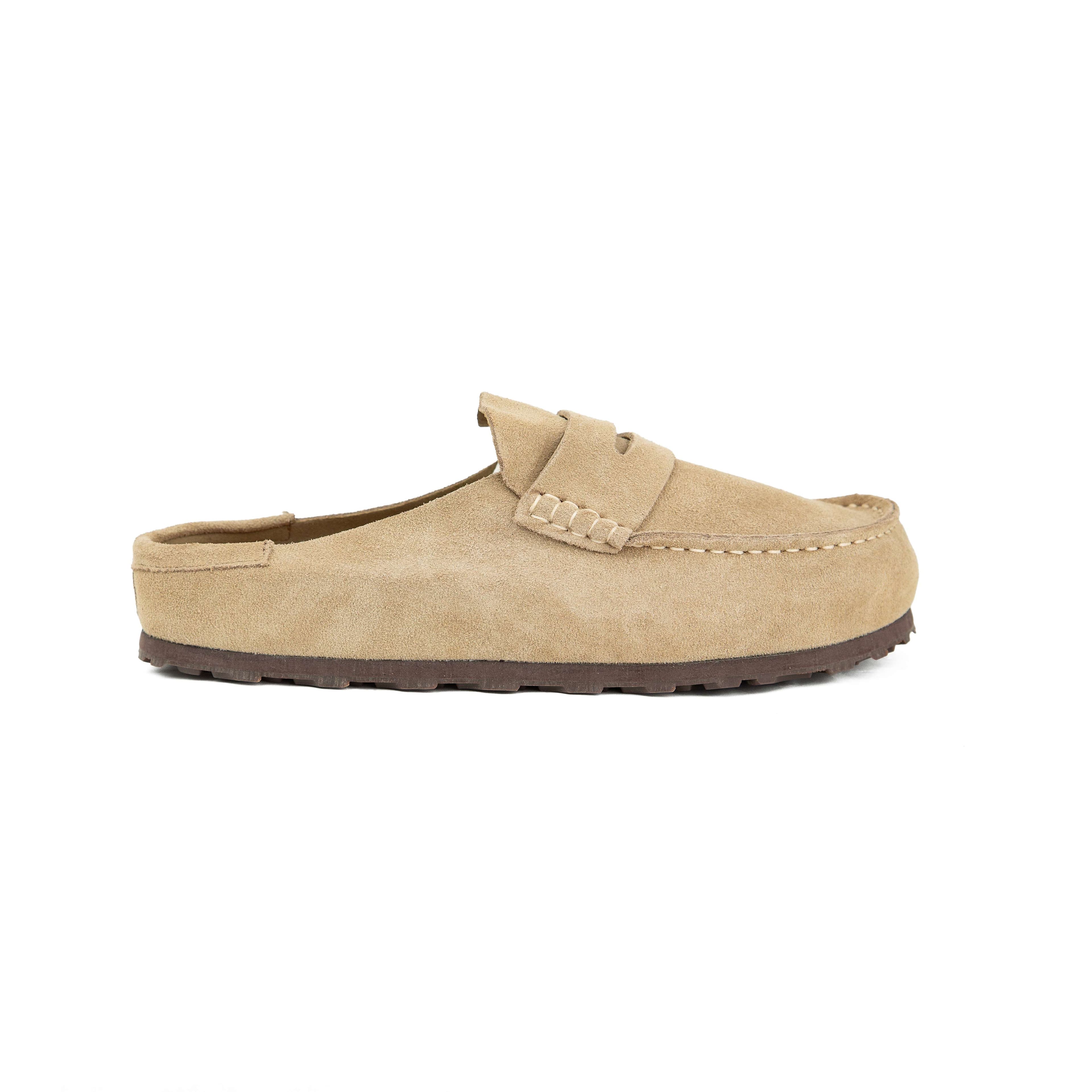 Premium Suede Penny Loafer Mules - Sand Beige Slip-On Shoes