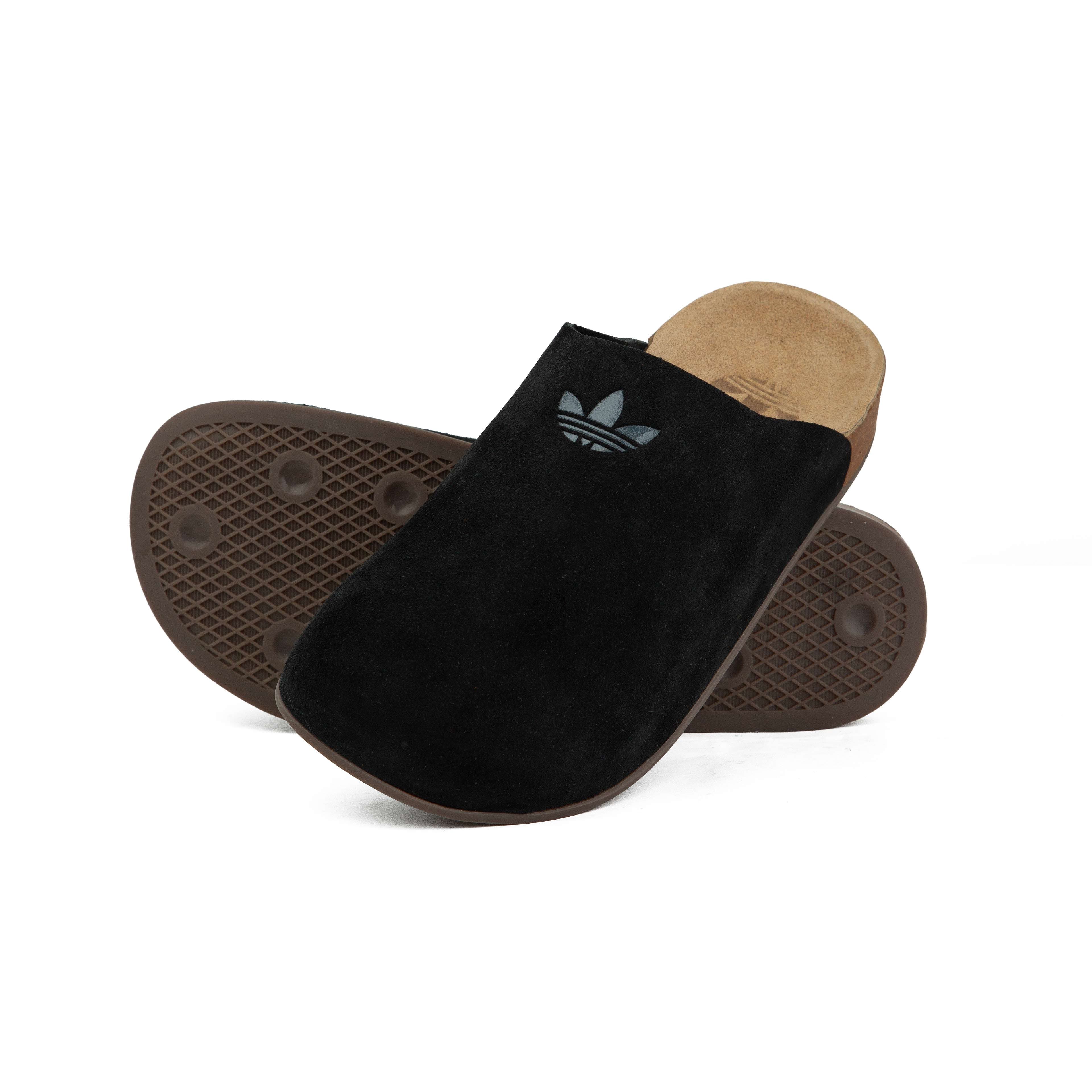 Premium Suede Trefoil Clogs - Black Minimalist Slip-On Mules