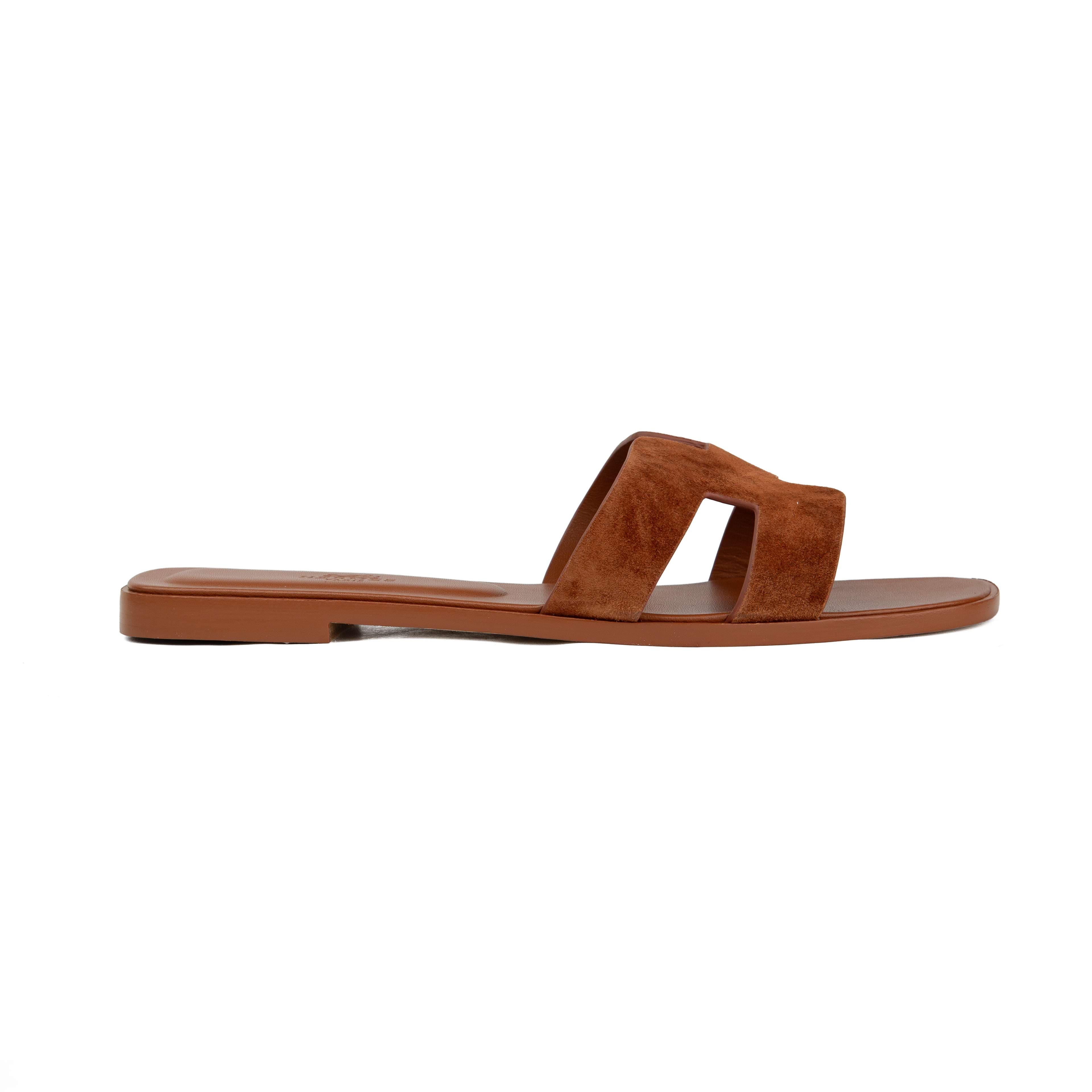 Hermès Oran Suede Sandals - Cognac Brown H-Strap Flat Slides
