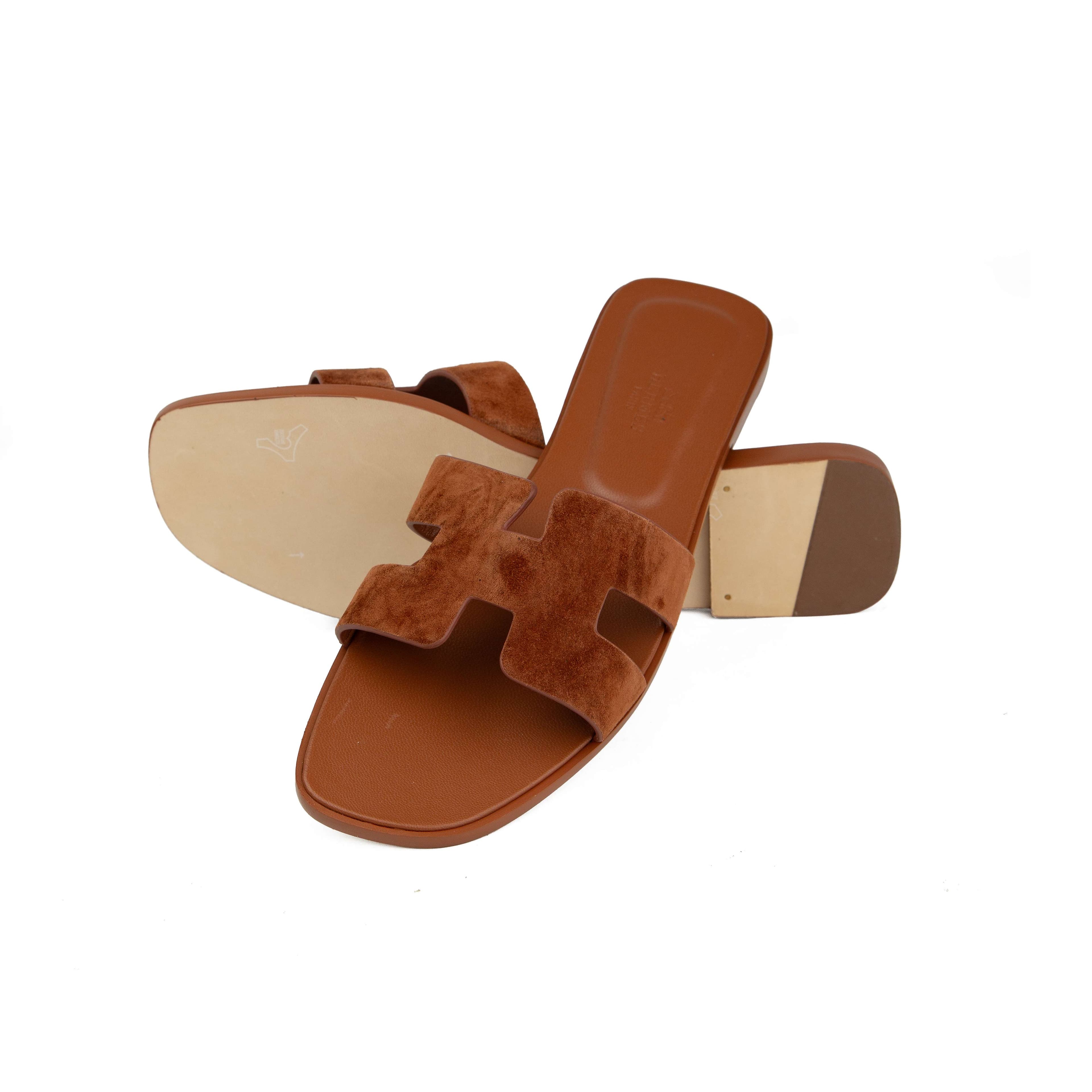 Hermès Oran Suede Sandals - Cognac Brown H-Strap Flat Slides