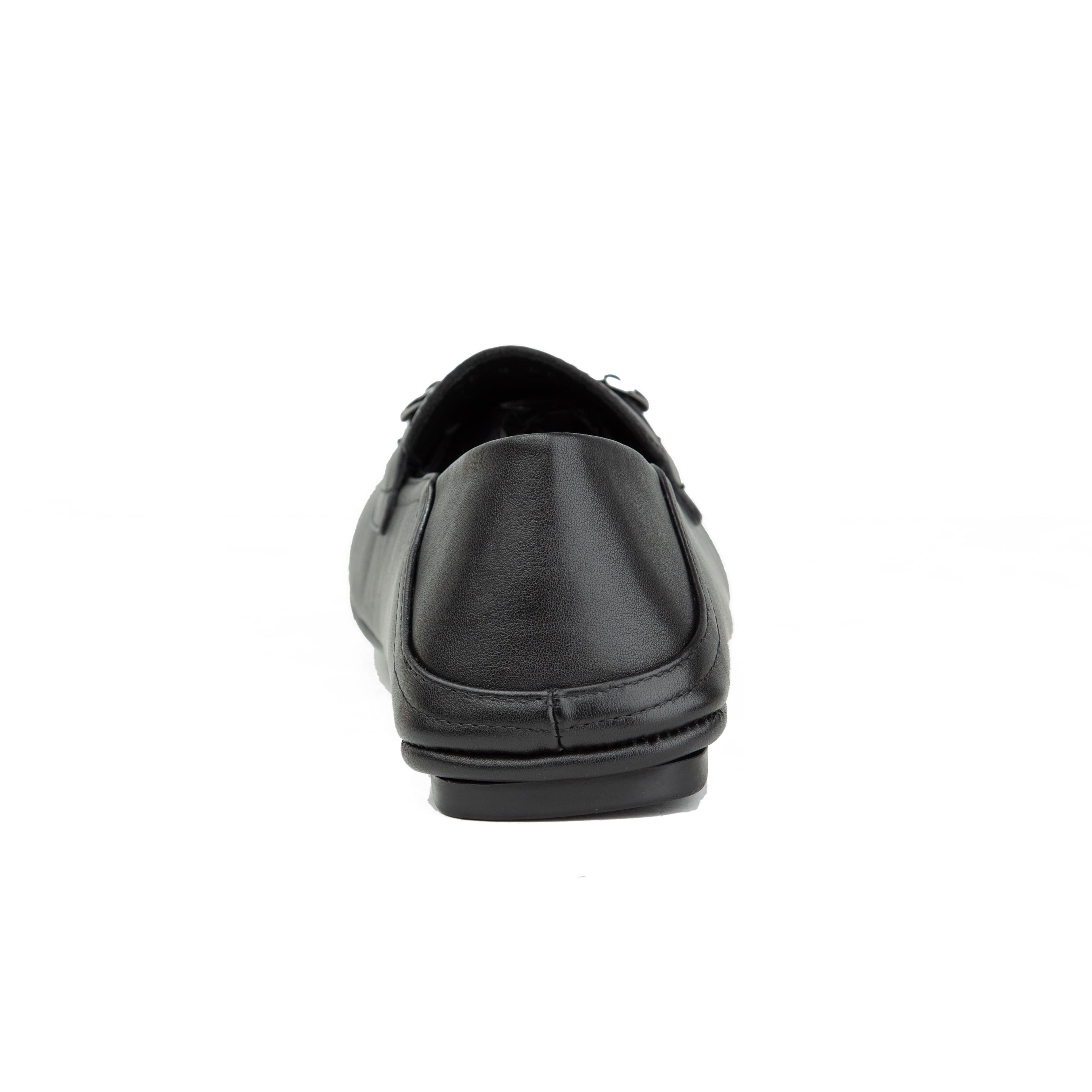 Pair of black Ferragamo Gancini leather driver loafers with silver buckle on a white background.