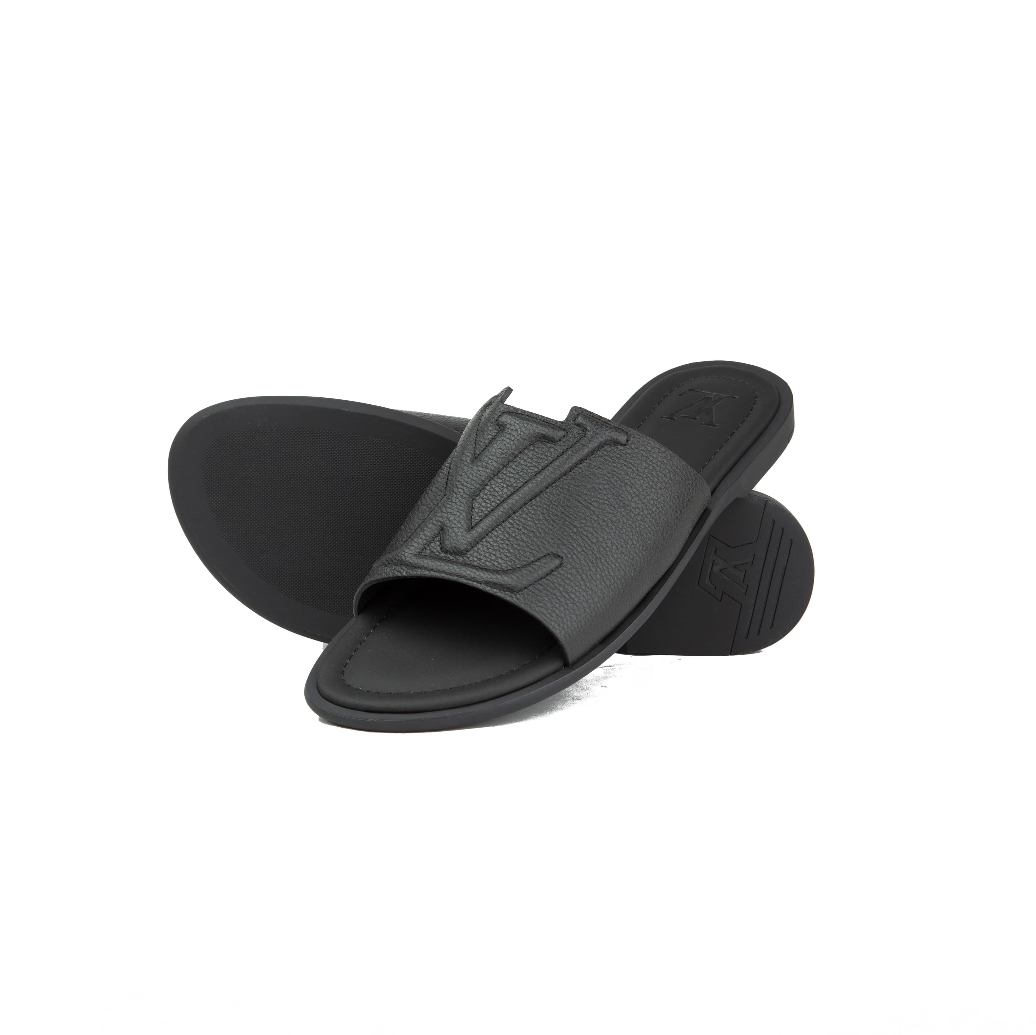 Louis Vuitton Waterfront Black Leather Mules | Luxury Slides