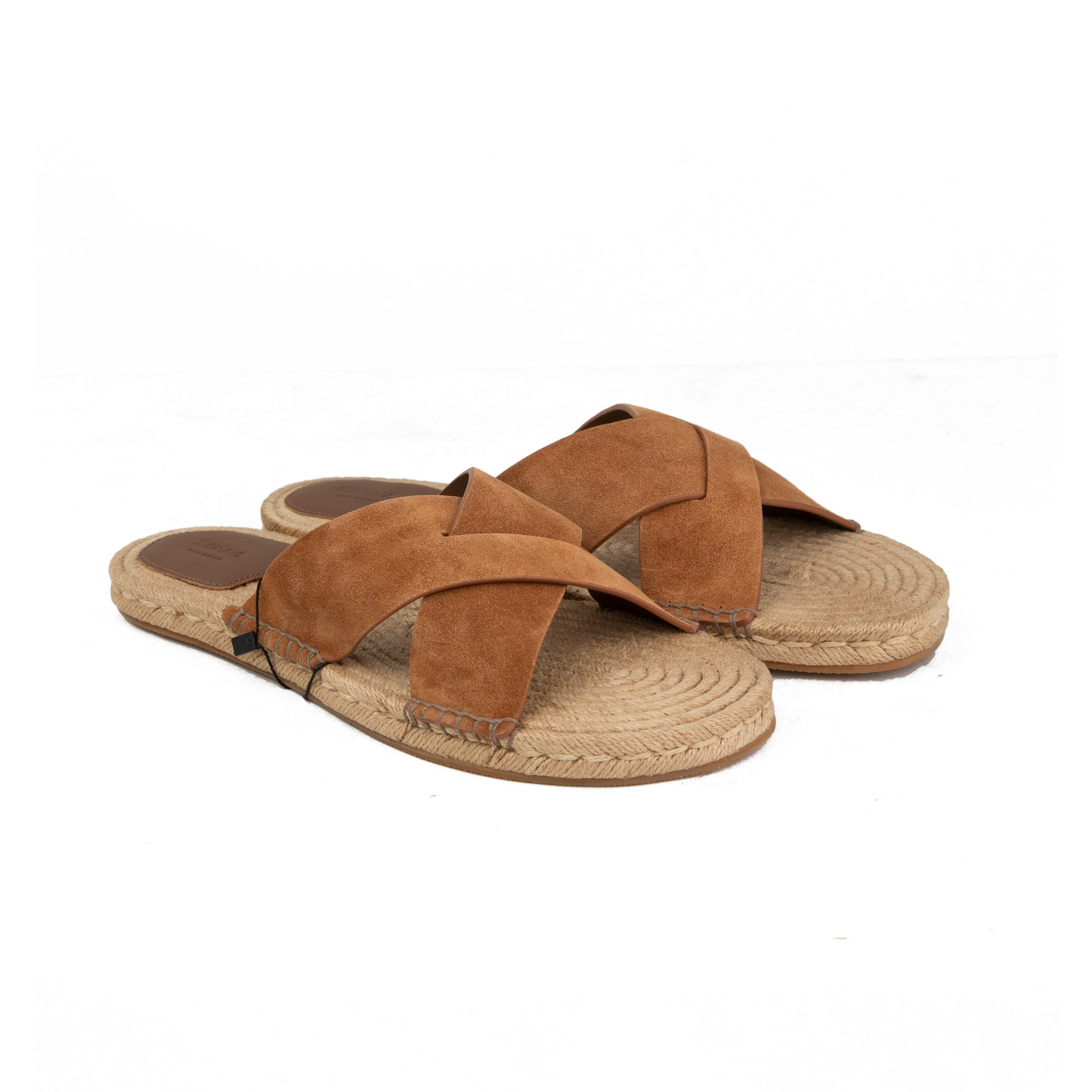 ZEGNA Men's Cognac Suede Cross-Strap Espadrille Sandals.