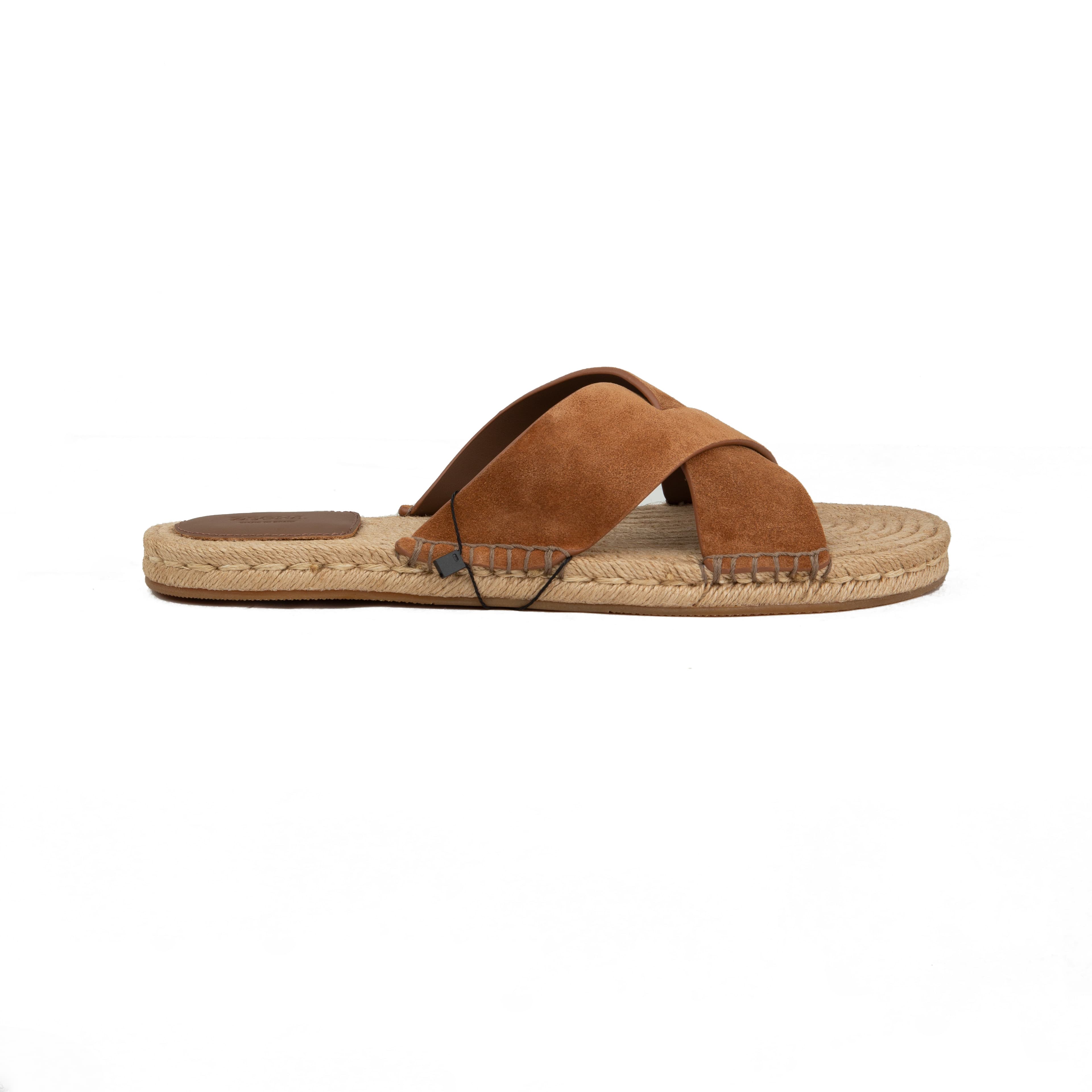 ZEGNA Men's Cognac Suede Cross-Strap Espadrille Sandals.