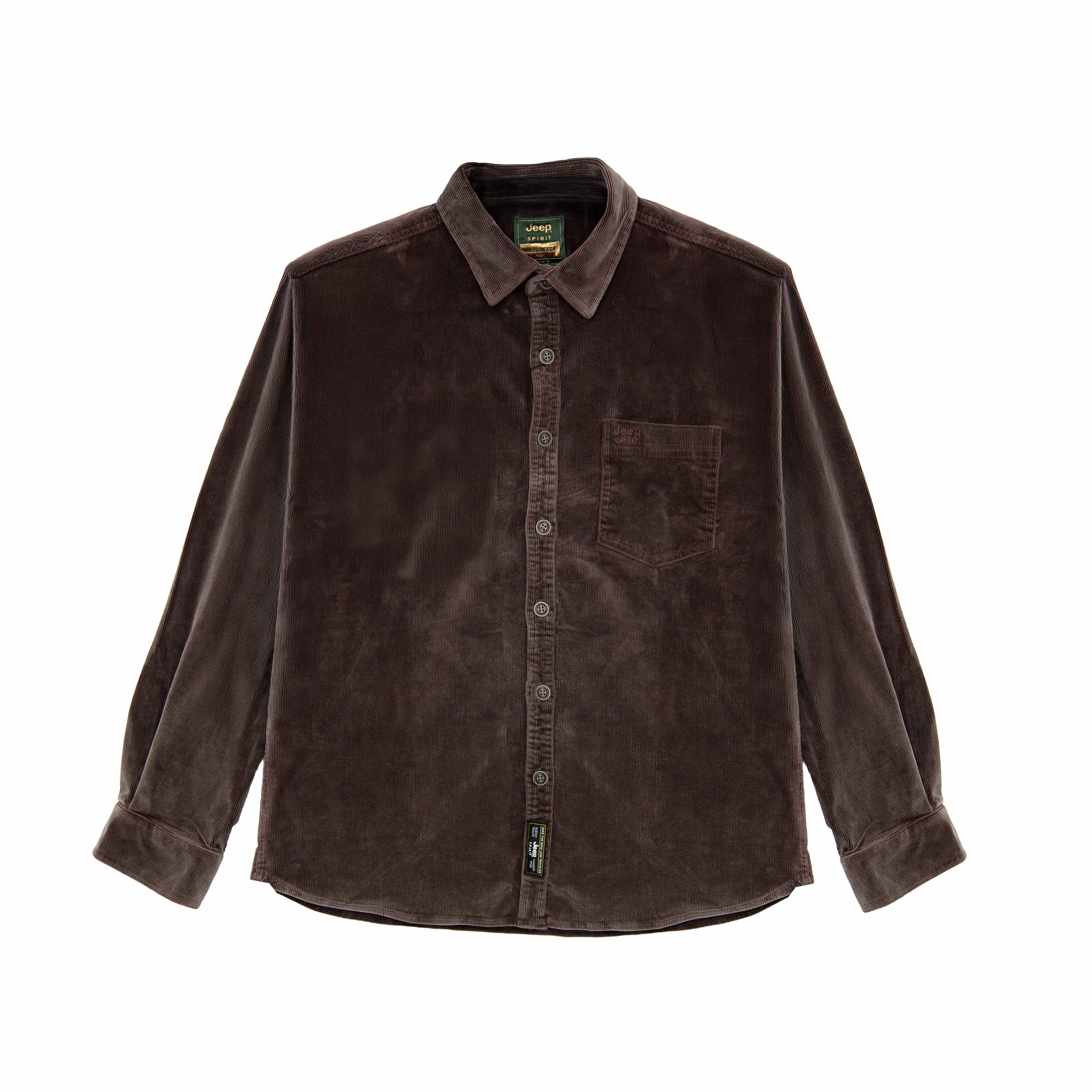 Jeep Spirit Vintage Corduroy Shirt in washed brown with button-down front, chest pocket, and soft textured fabric for casual everyday wear.