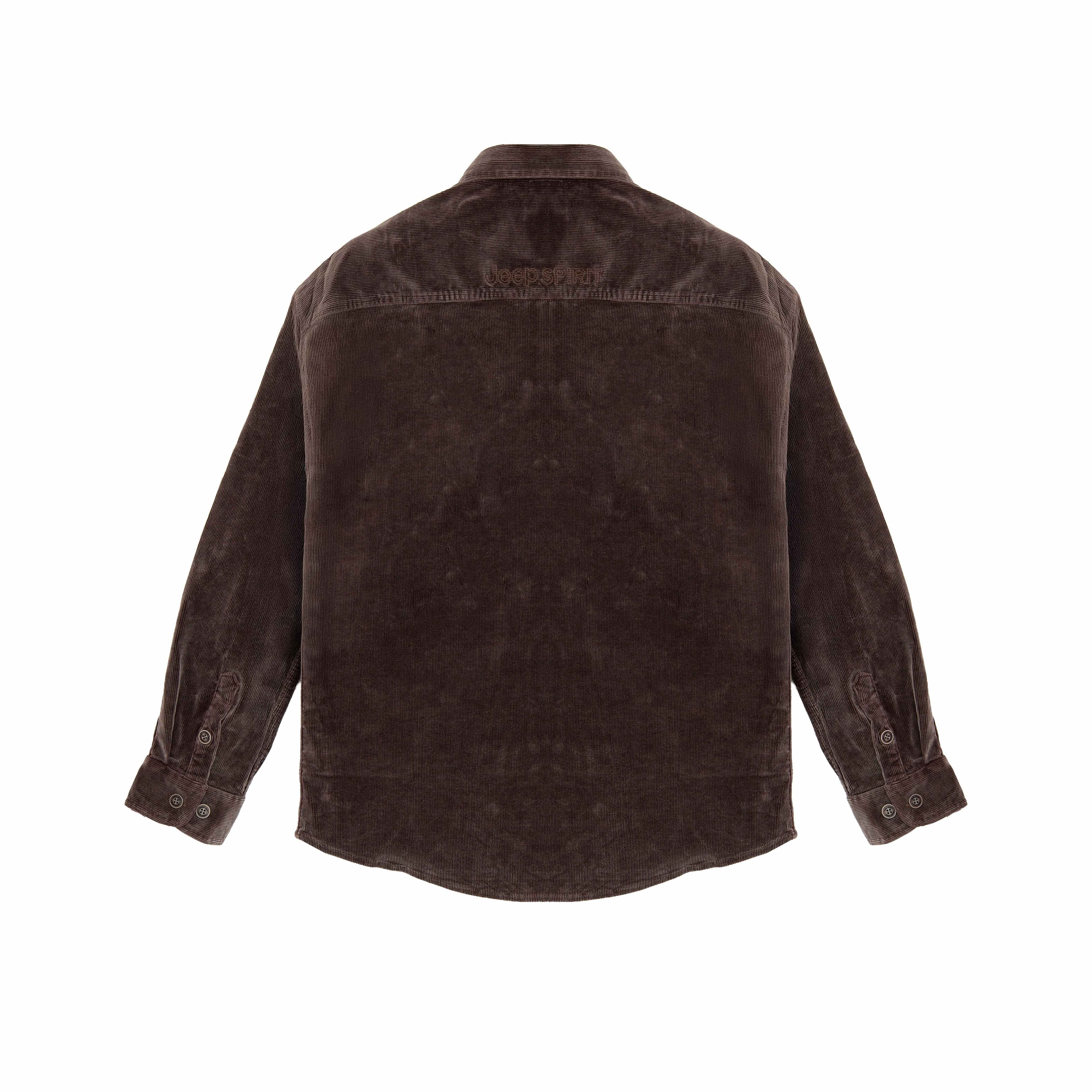 Jeep Spirit Vintage Corduroy Shirt in washed brown with button-down front, chest pocket, and soft textured fabric for casual everyday wear.