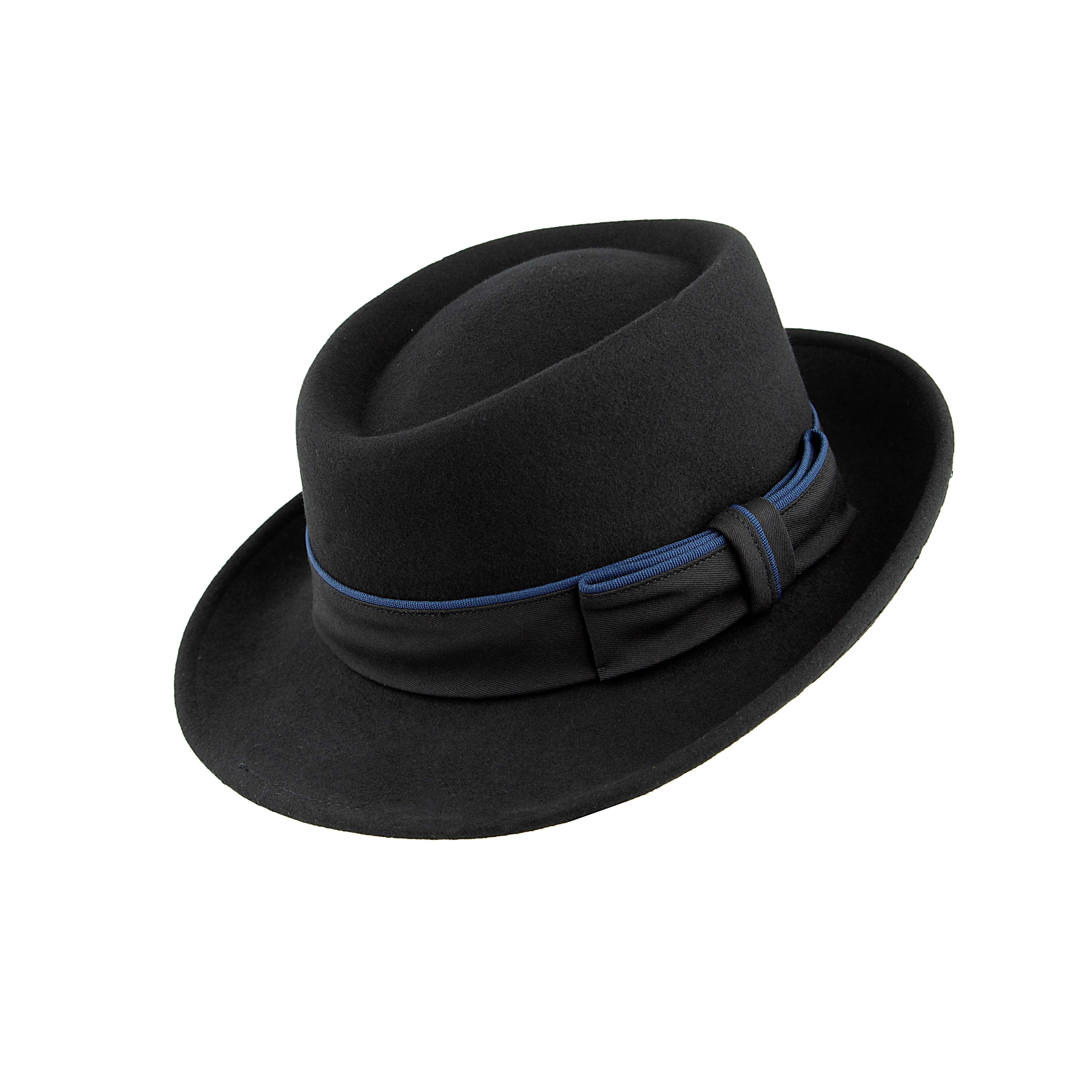 Black Pork Pie Wool Hat with Blue Piping | Unisex Jazz Style