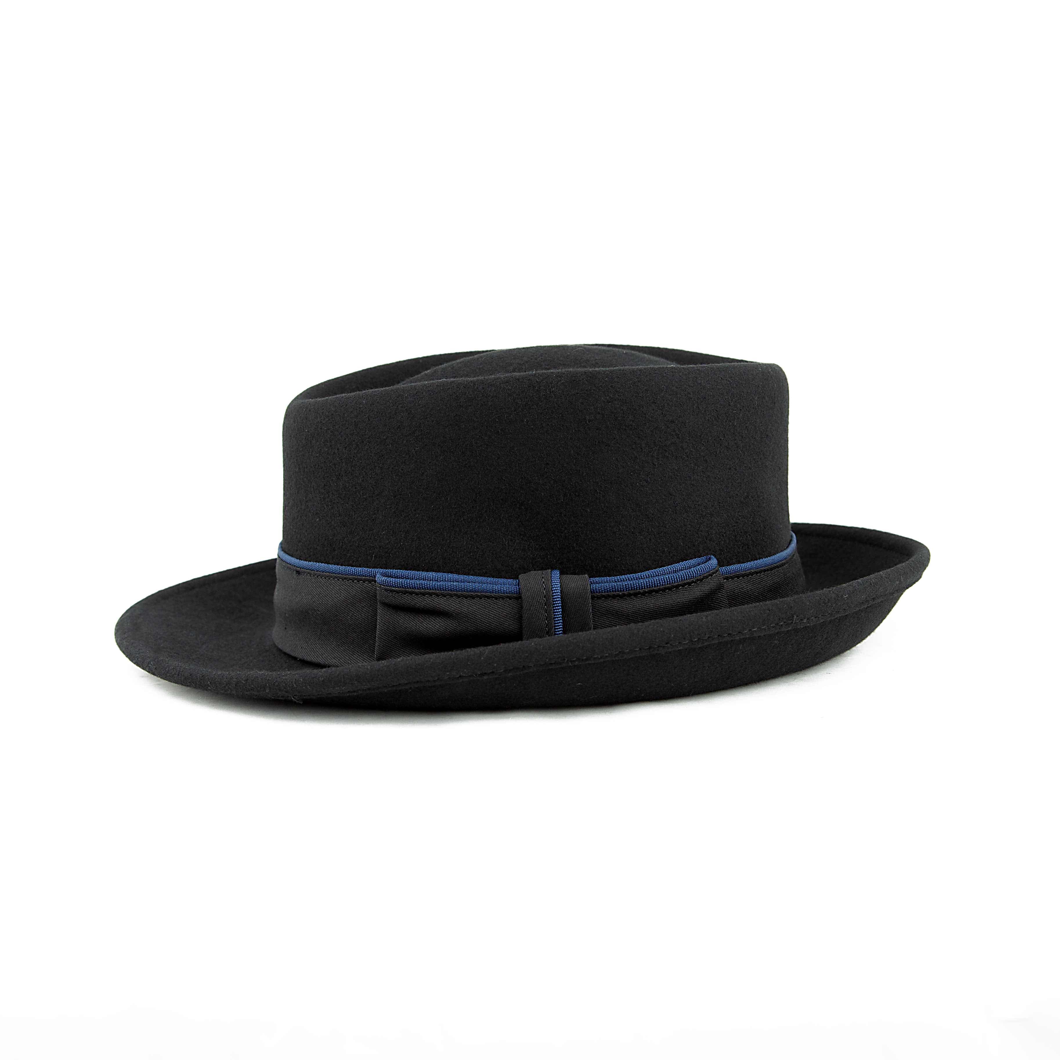 Black Pork Pie Wool Hat with Blue Piping | Unisex Jazz Style