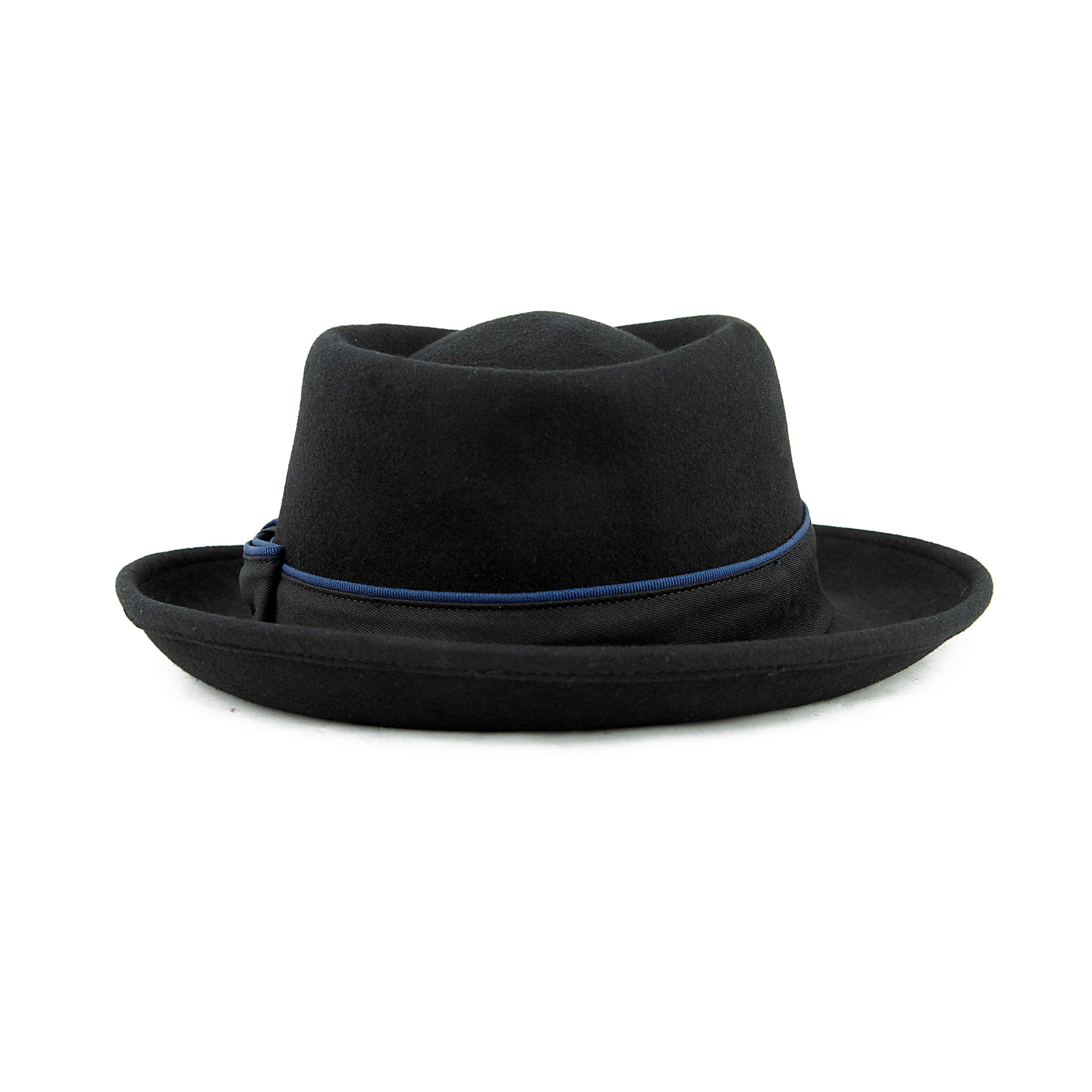 Black Pork Pie Wool Hat with Blue Piping | Unisex Jazz Style