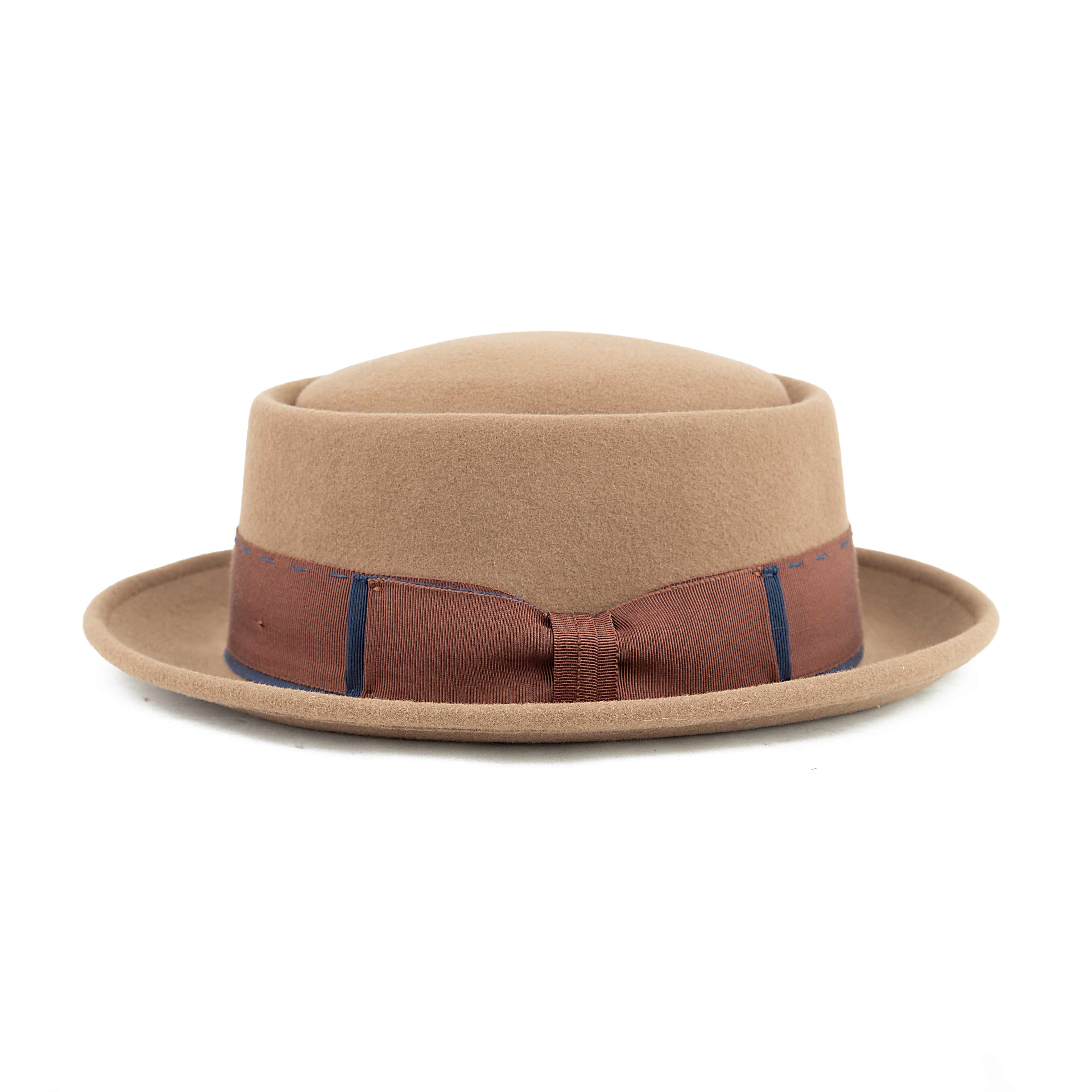 Camel Wool Pork Pie Hat with Blue Stitching | Unisex Style