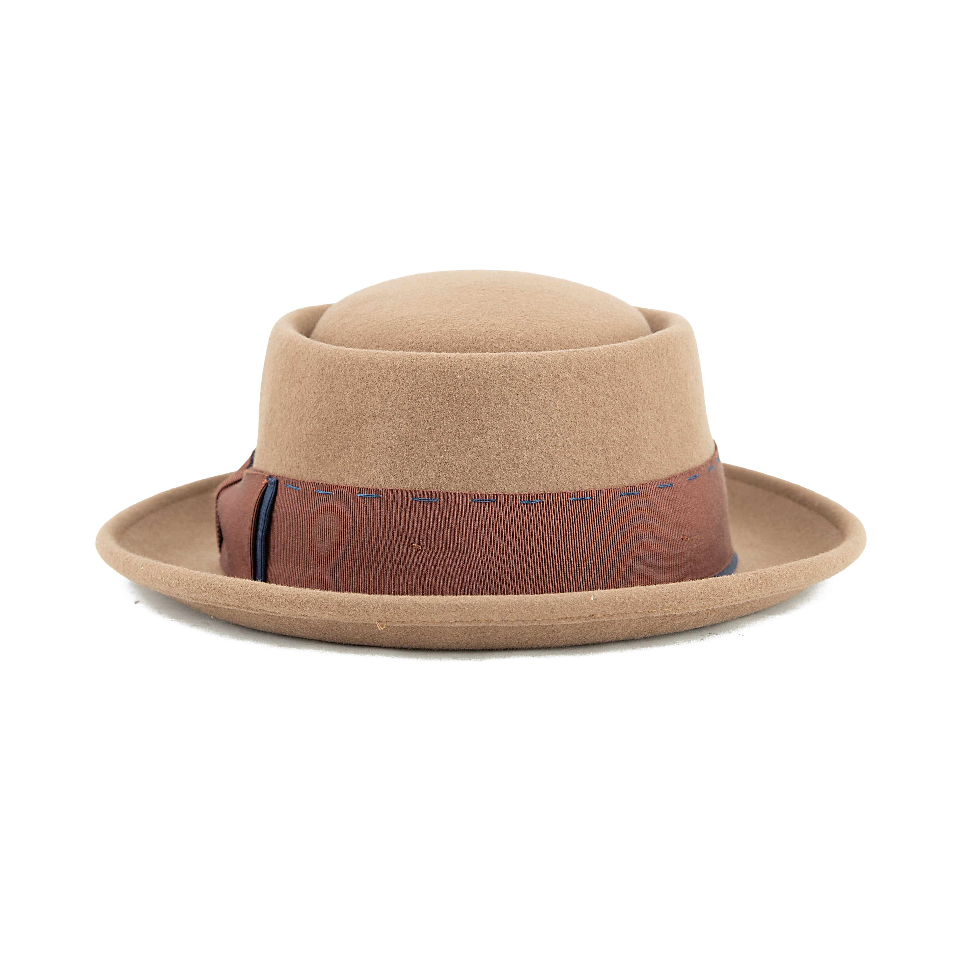 Camel Wool Pork Pie Hat with Blue Stitching | Unisex Style