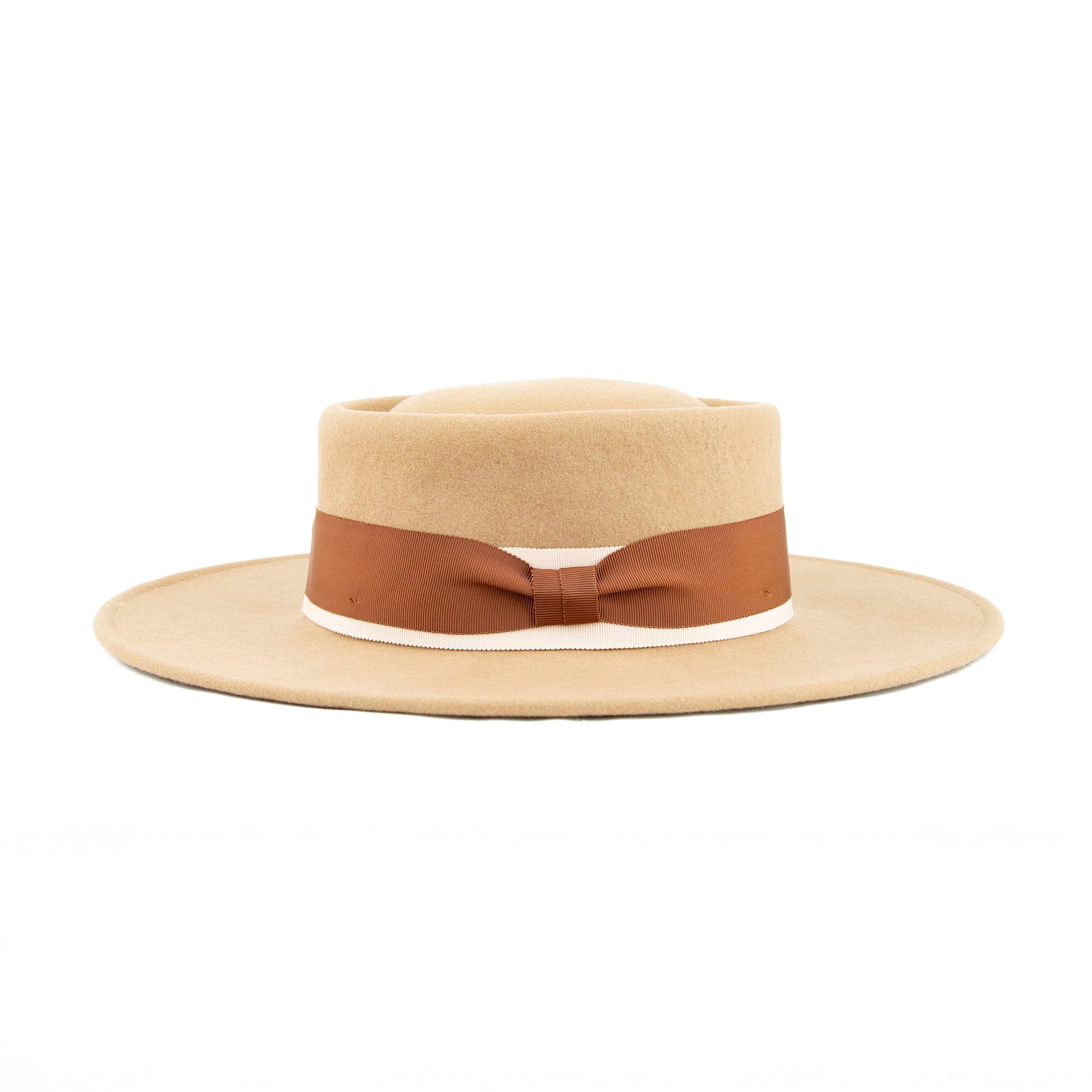 Camel Wool Felt Bolero Hat - Wide Brim Ribbon Ribbon Hat