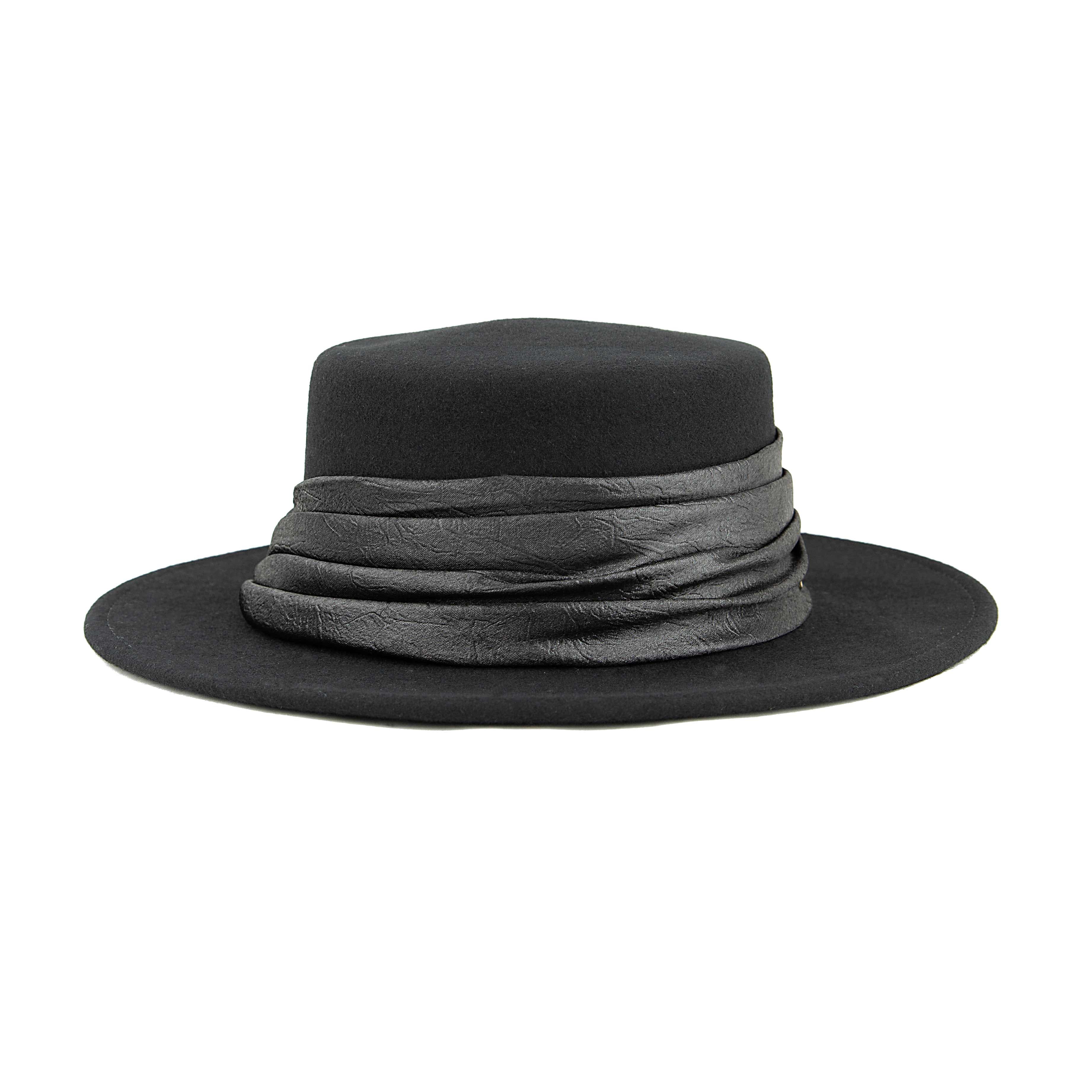 Black Wool Felt Bolero Hat with Ruched Leather Band & Gold