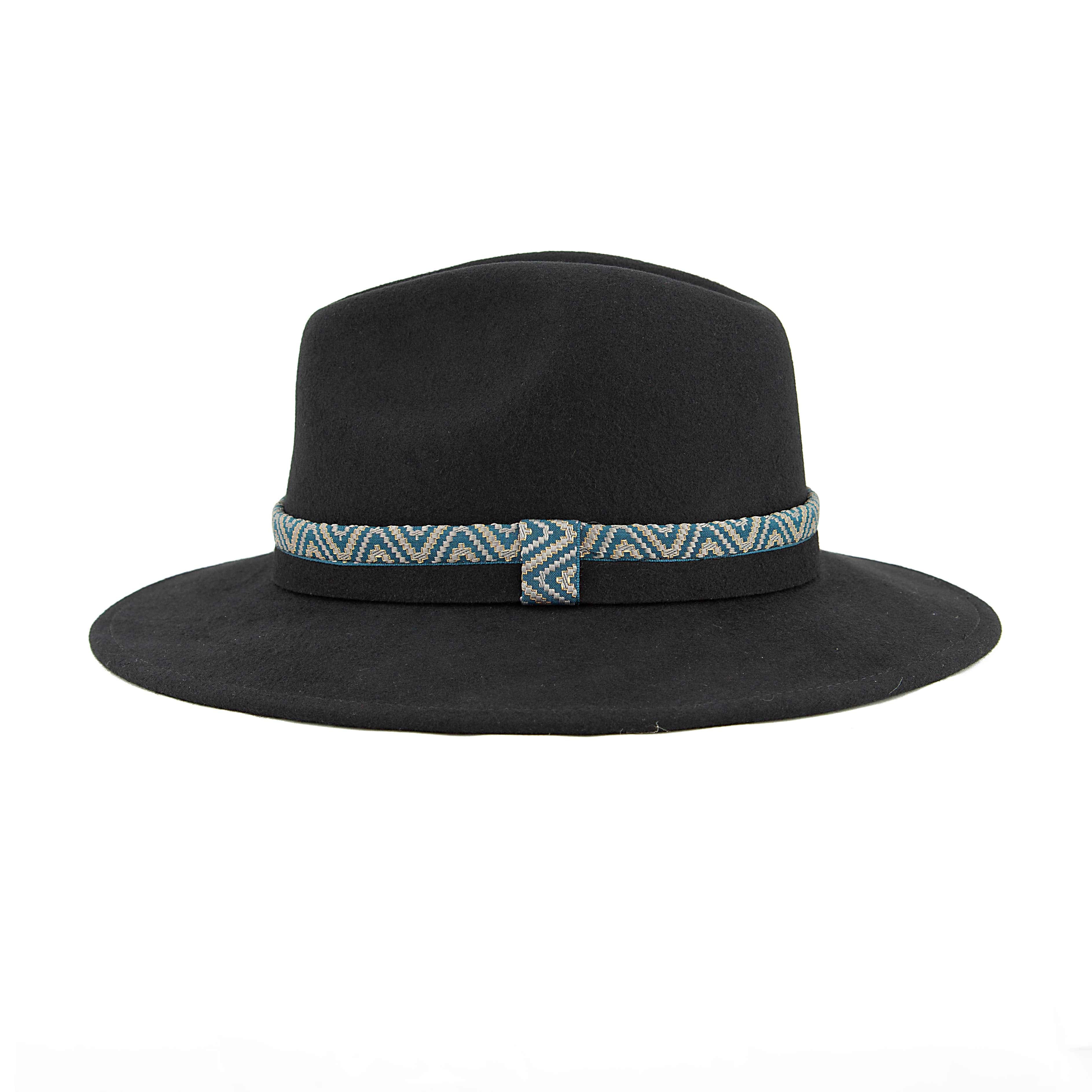 Black Wool Fedora Hat with Turquoise Aztec Woven Band