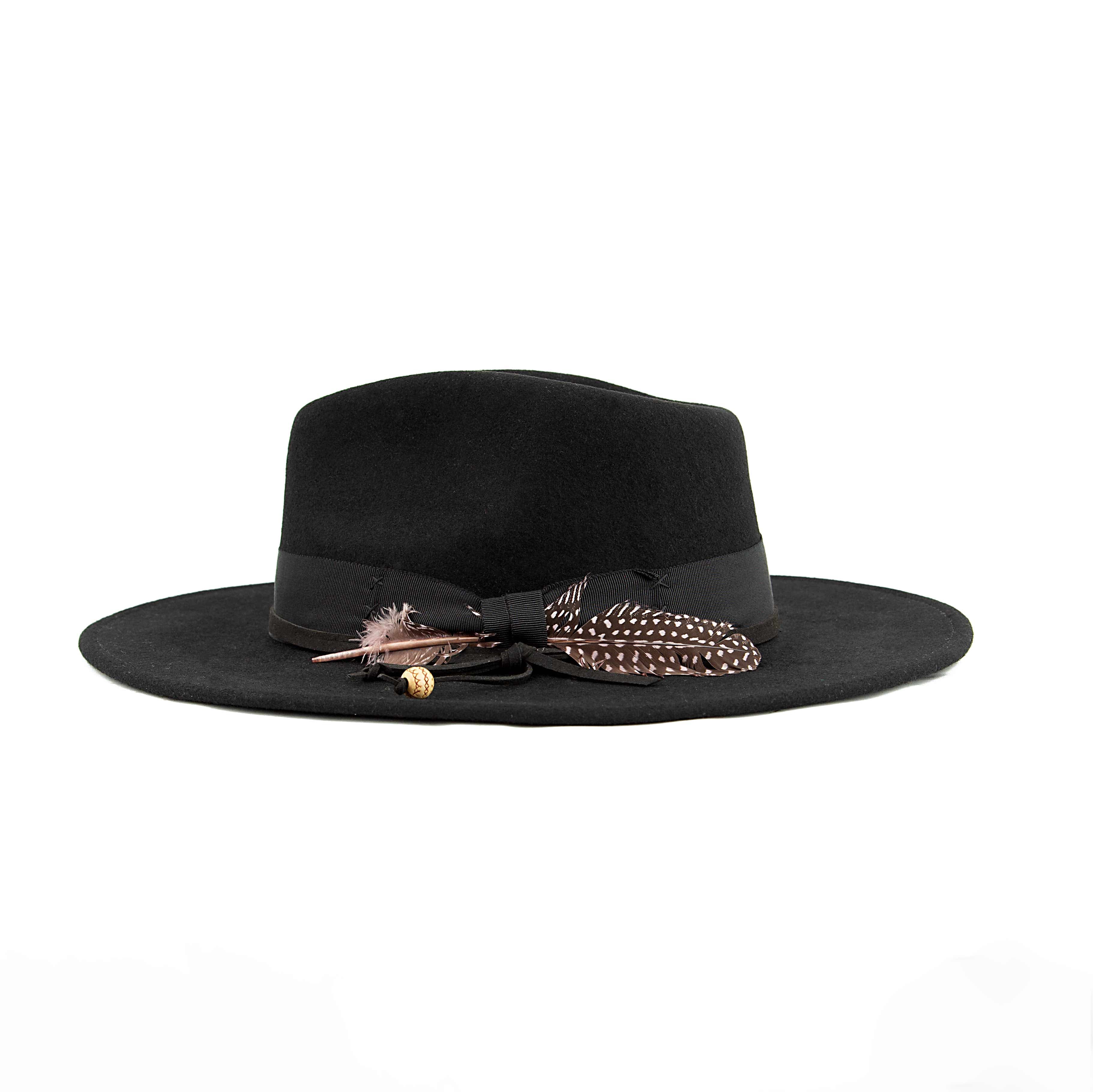 Black Wide Brim Wool Fedora Hat with Natural Feather Trim