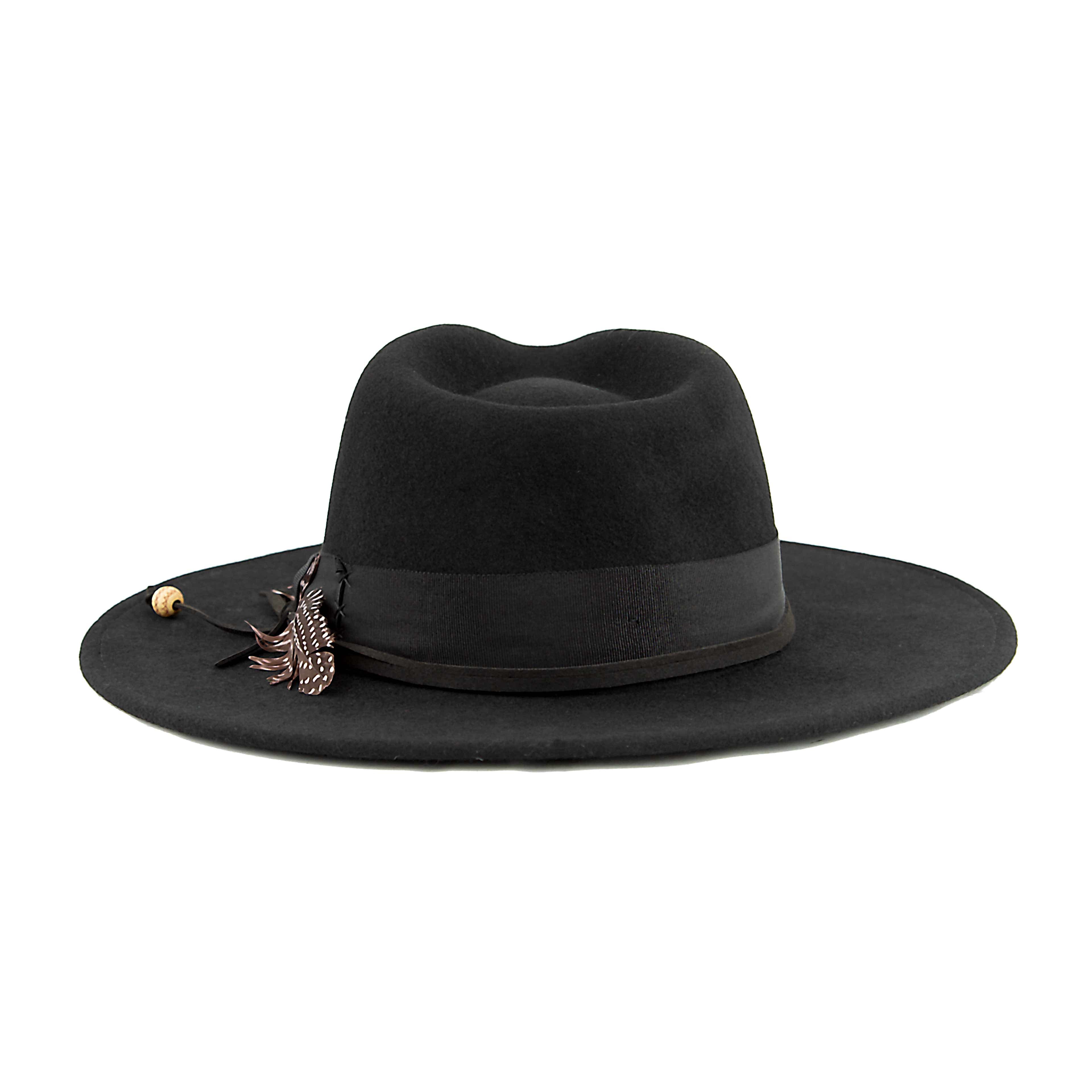 Black Wide Brim Wool Fedora Hat with Natural Feather Trim