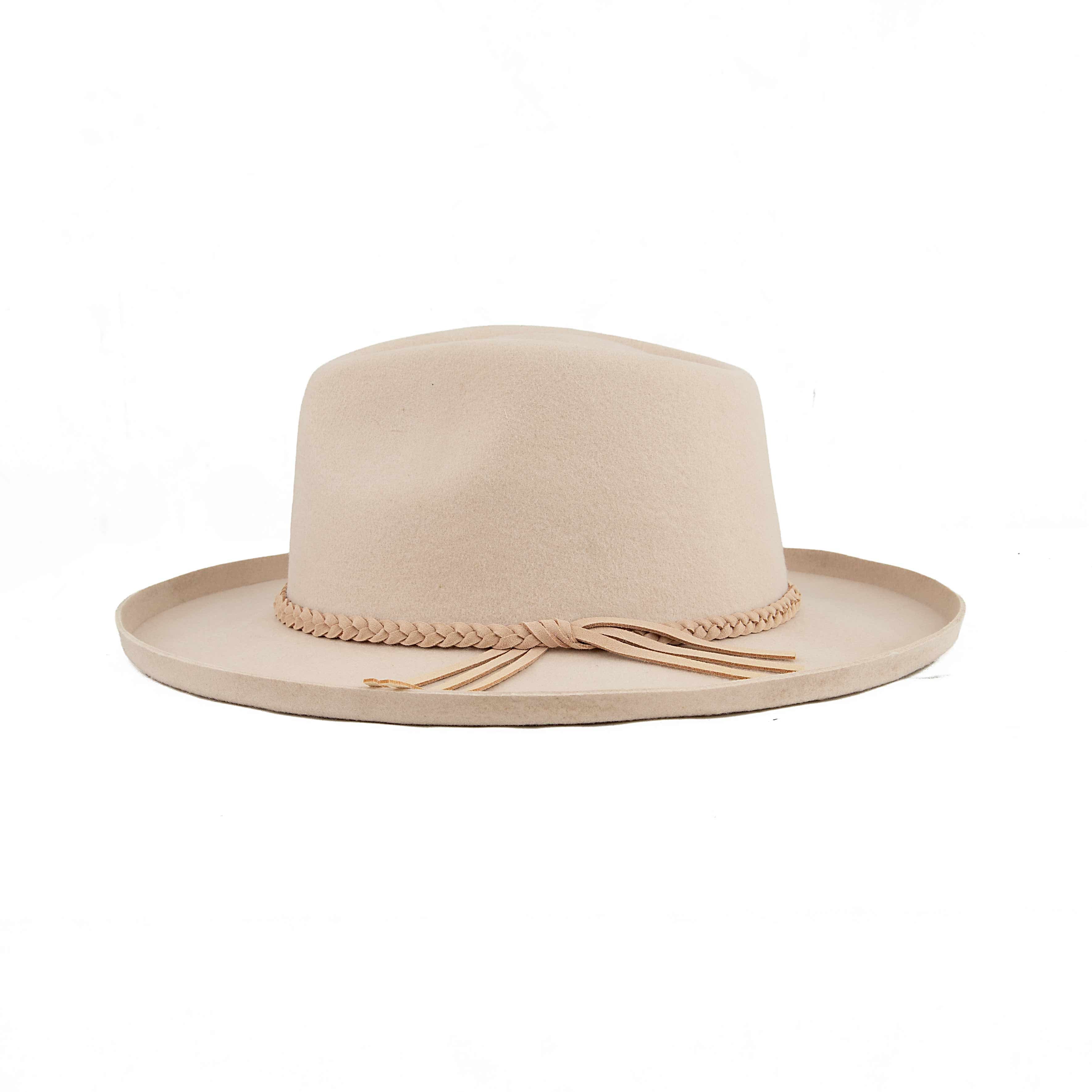 Cream Wool Fedora Hat with Braided Leather Band - Wide Brim
