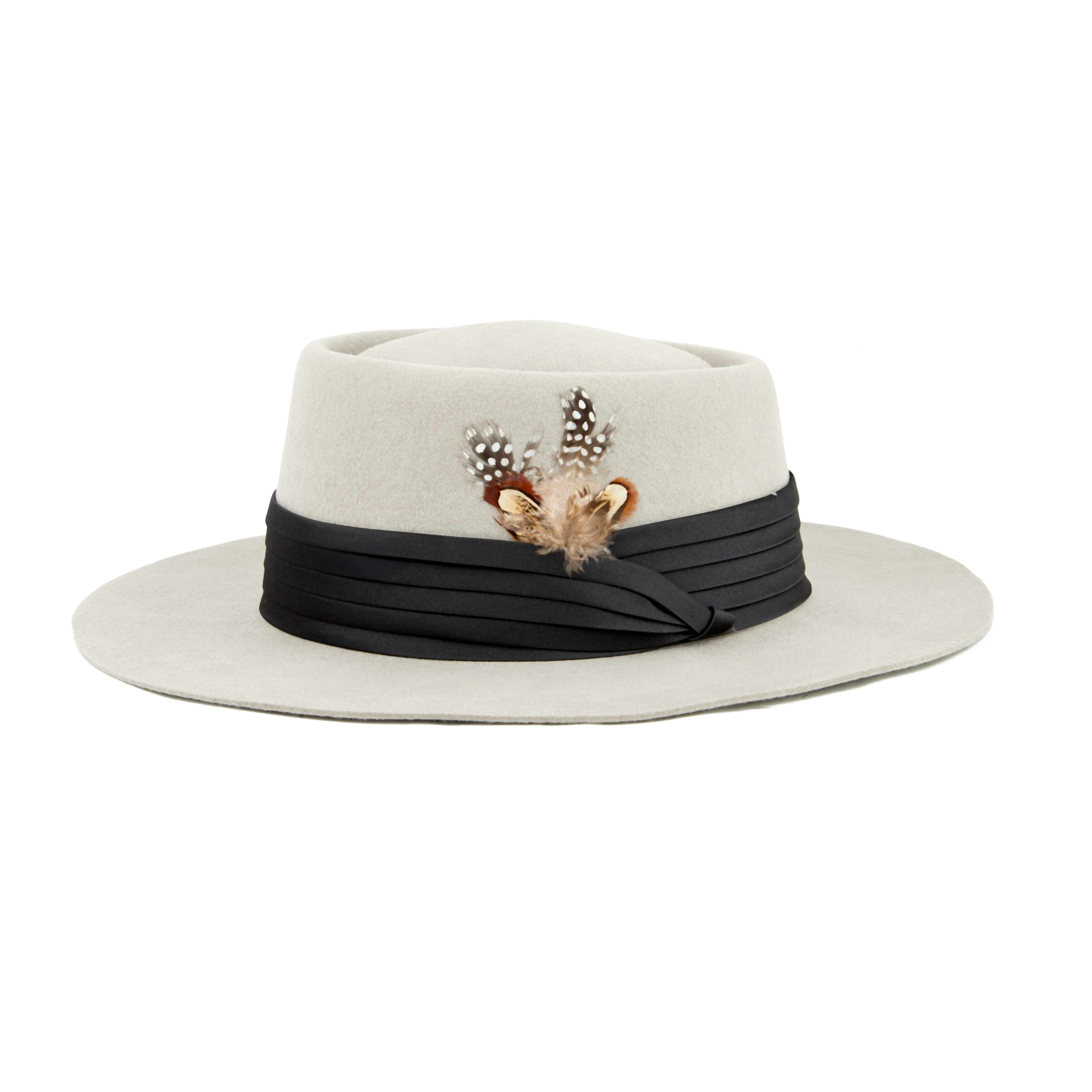 Stone Grey Feathered Pork Pie Hat | Wide Brim Boater
