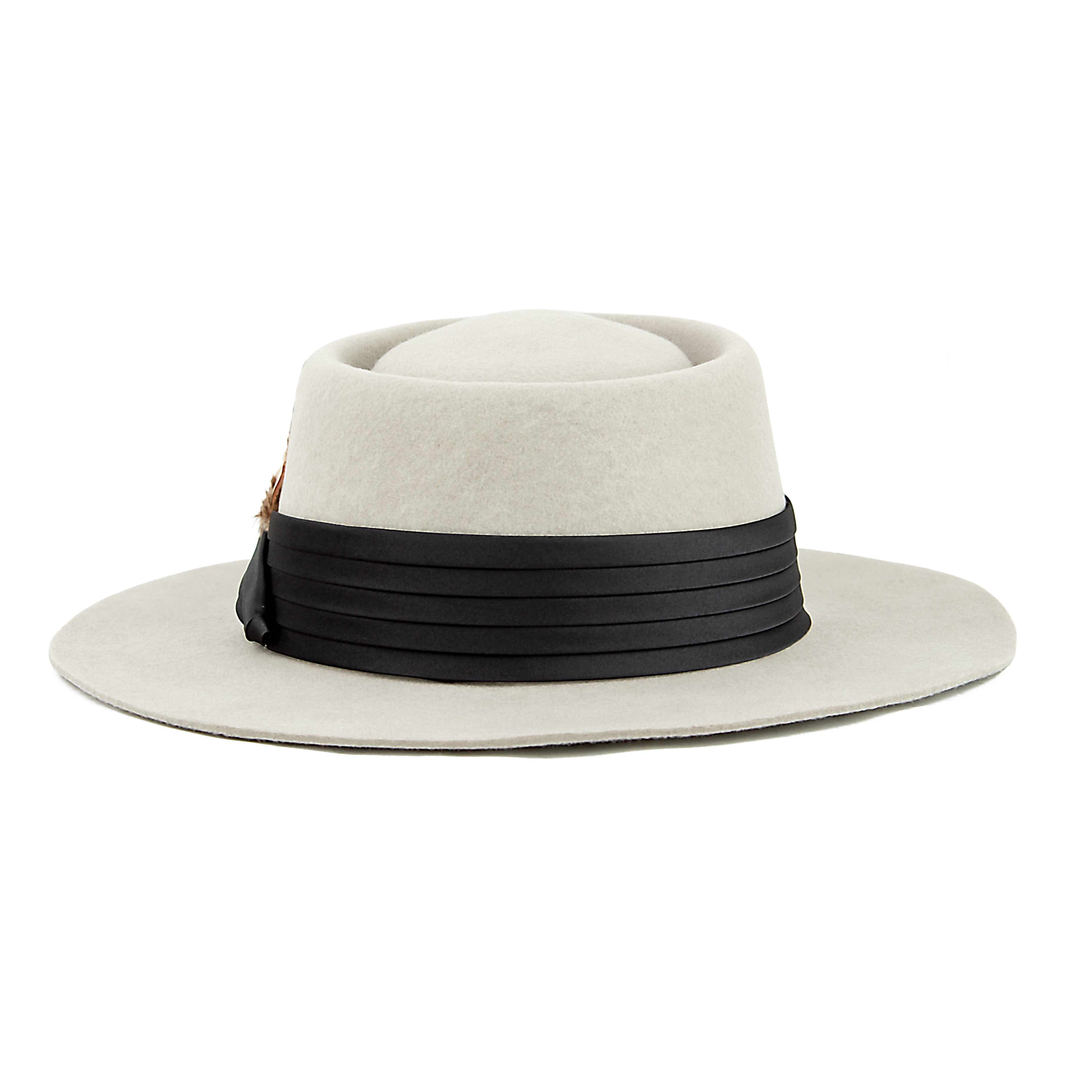 Stone Grey Feathered Pork Pie Hat | Wide Brim Boater