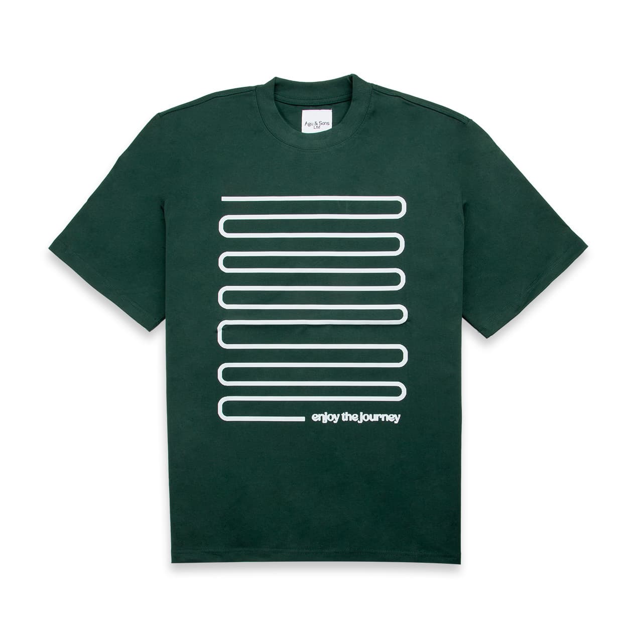 Dark green "enjoy the journey" line graphic t-shirt. Minimalist inspirational tee.