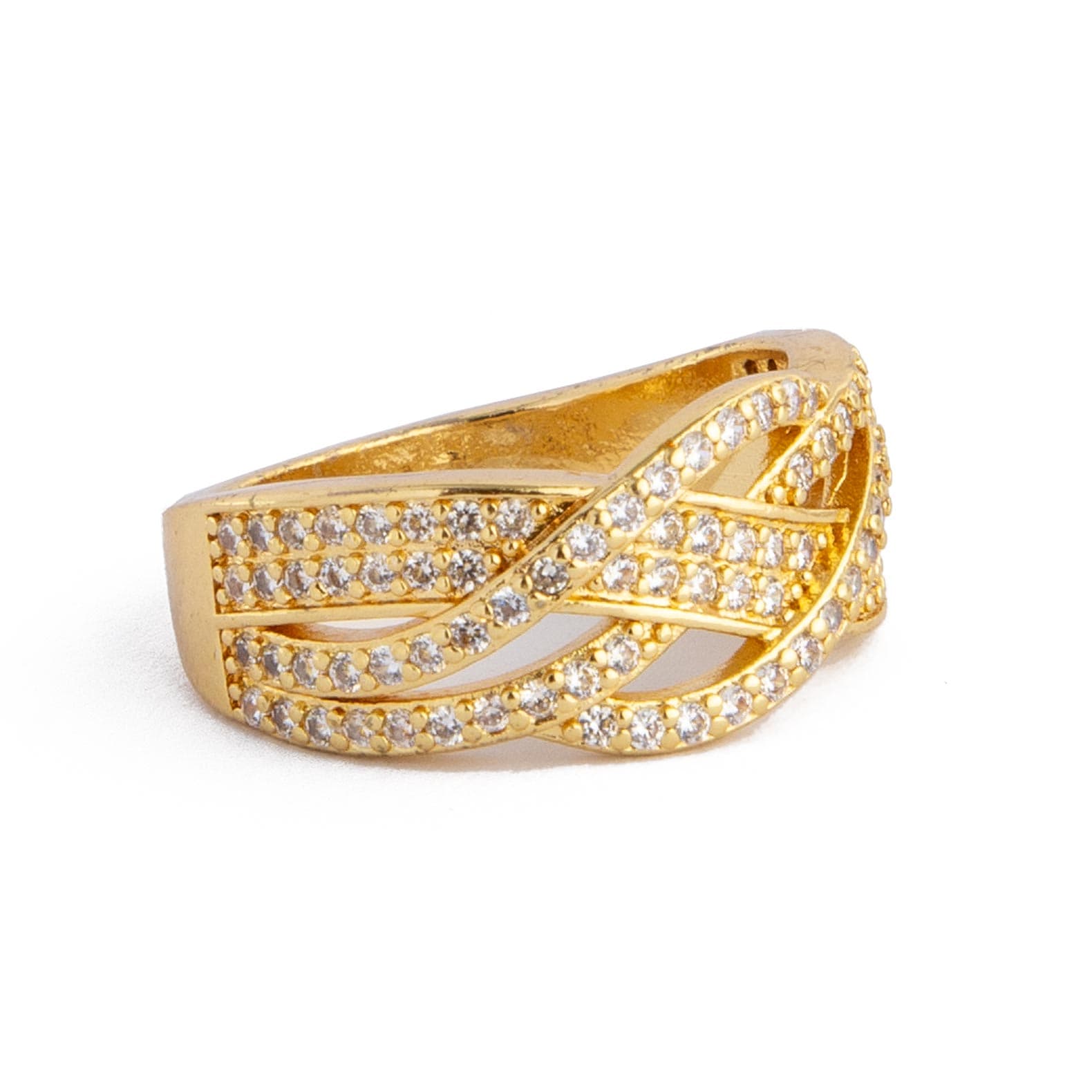 Golden Interwoven Crystal Statement Ring. Gold ring with interwoven crystal bands. Glamorous, statement jewelry