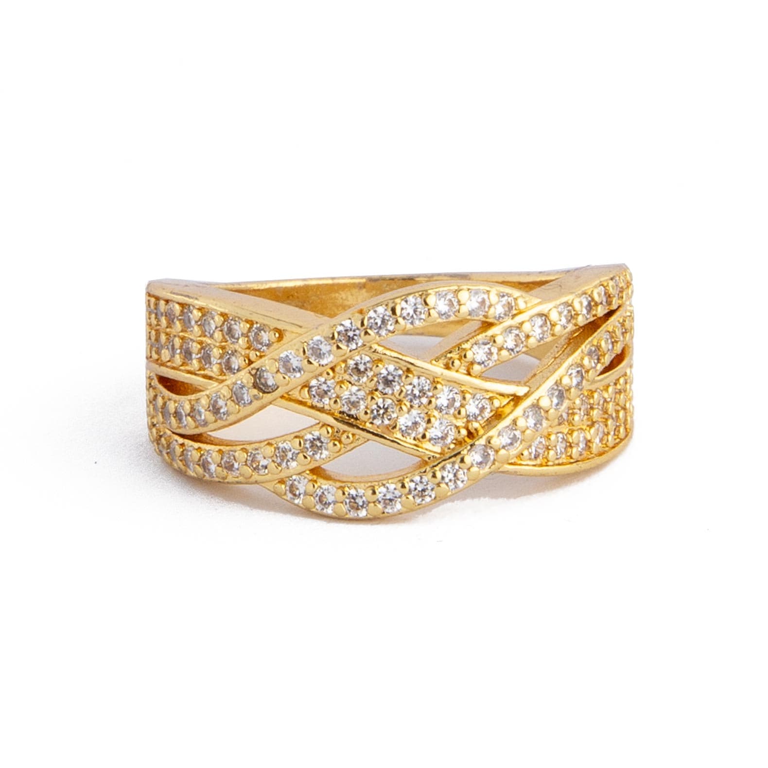 Golden Interwoven Crystal Statement Ring. Gold ring with interwoven crystal bands. Glamorous, statement jewelry