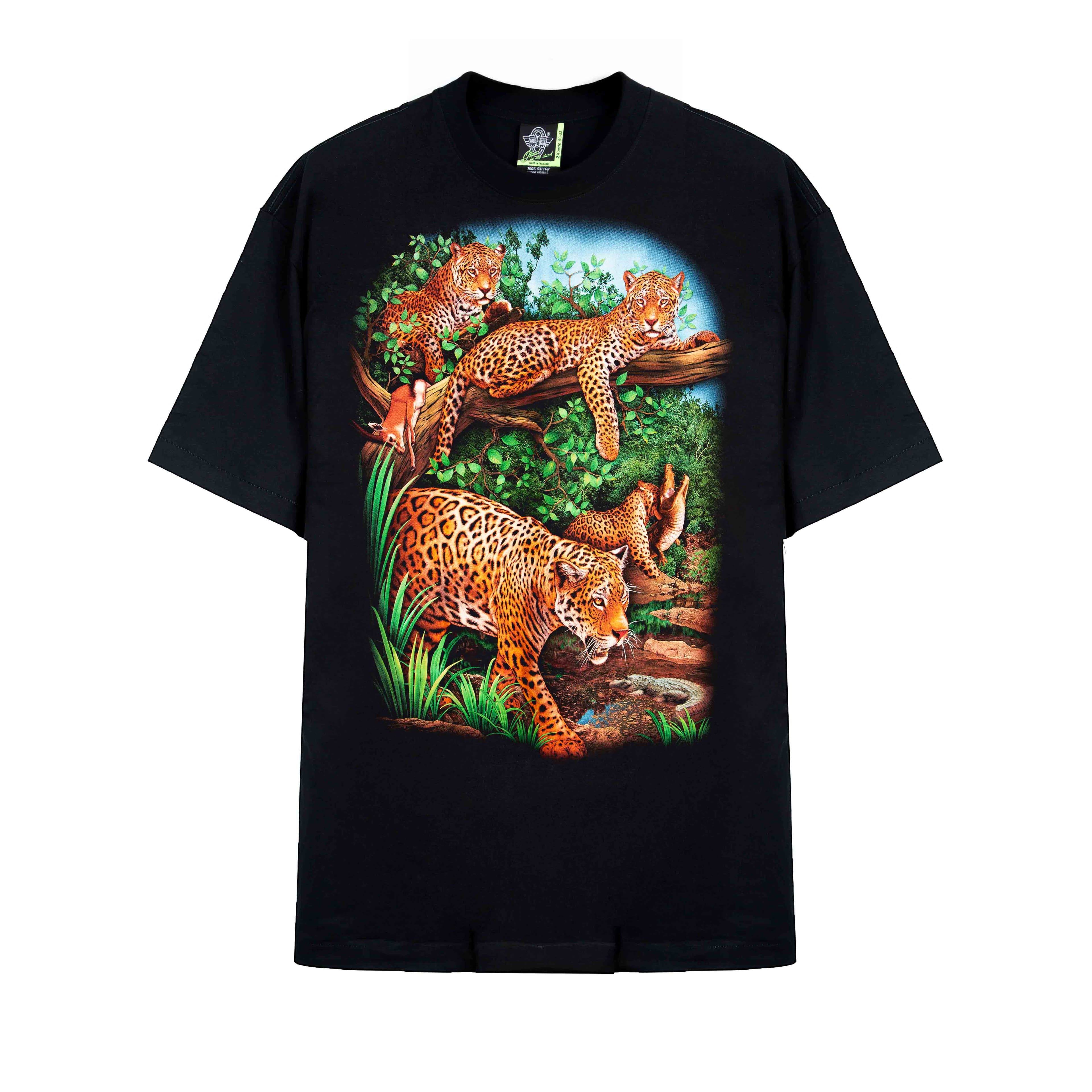 Rock Eagle Black T-shirt with a detailed print of a mother jaguar and three cubs in a lush jungle environment. Wildlife big cat graphic tee.