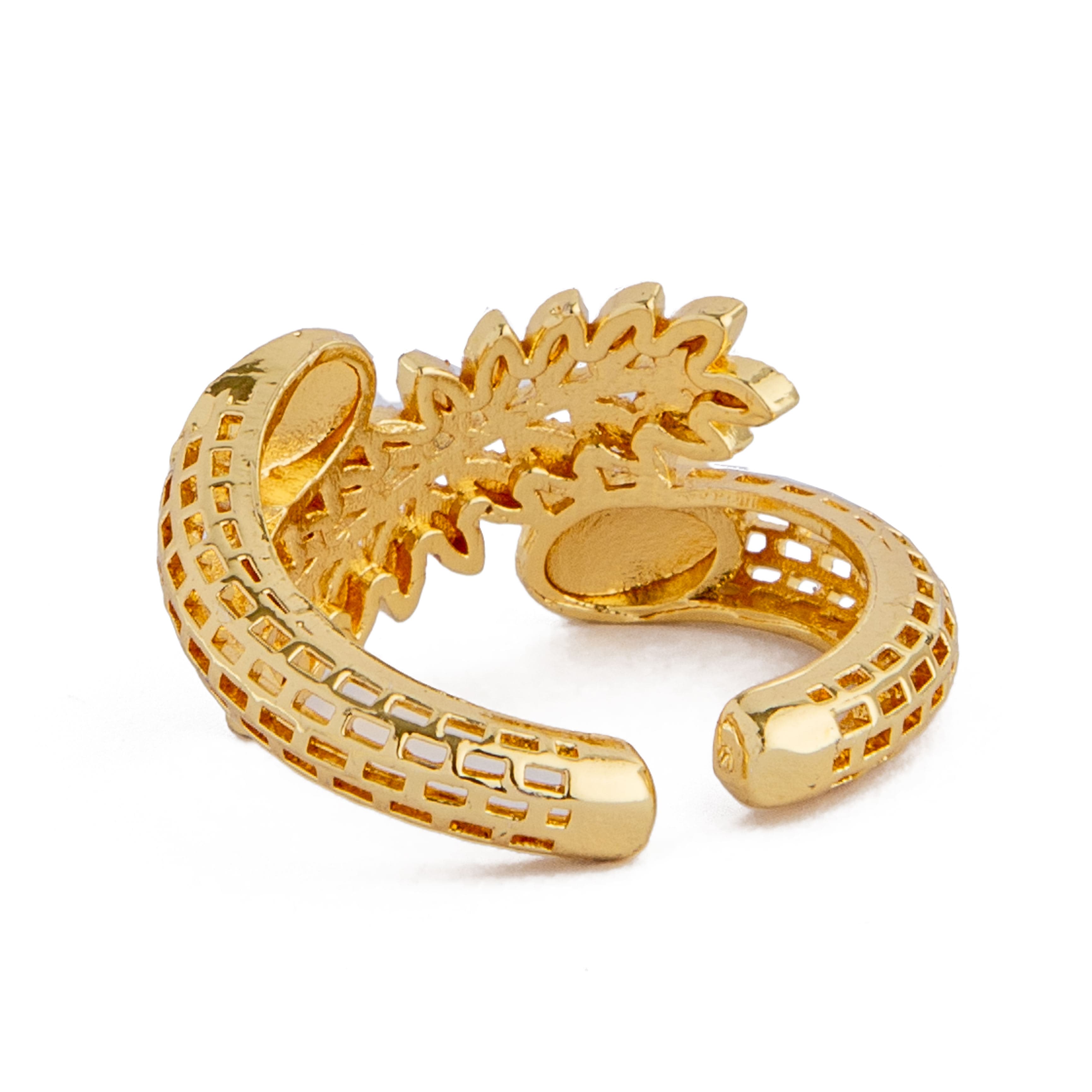 Golden laurel leaf ear cuff in gold-tone with open back and intricate detailing
