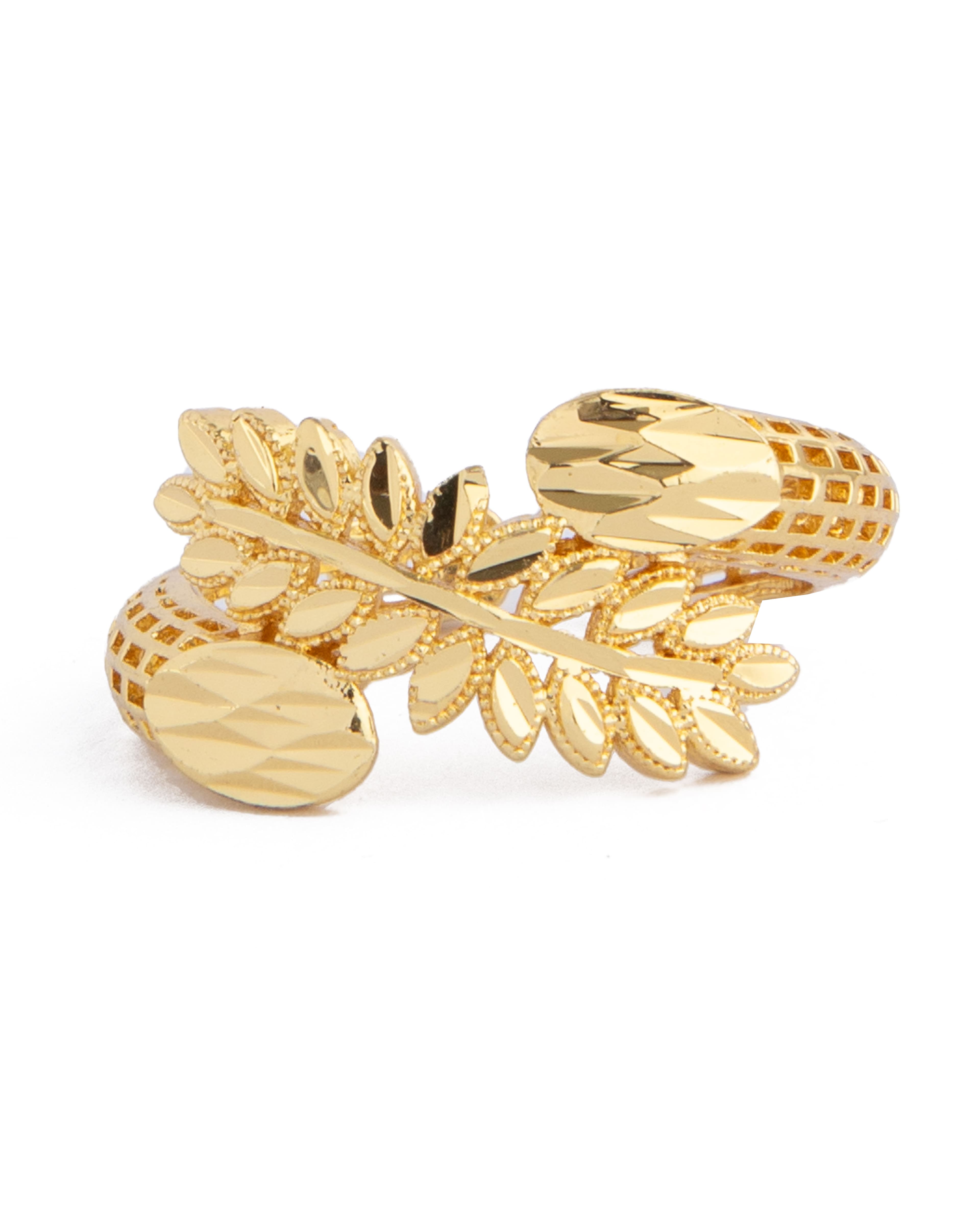 Golden laurel leaf ear cuff in gold-tone with open back and intricate detailing