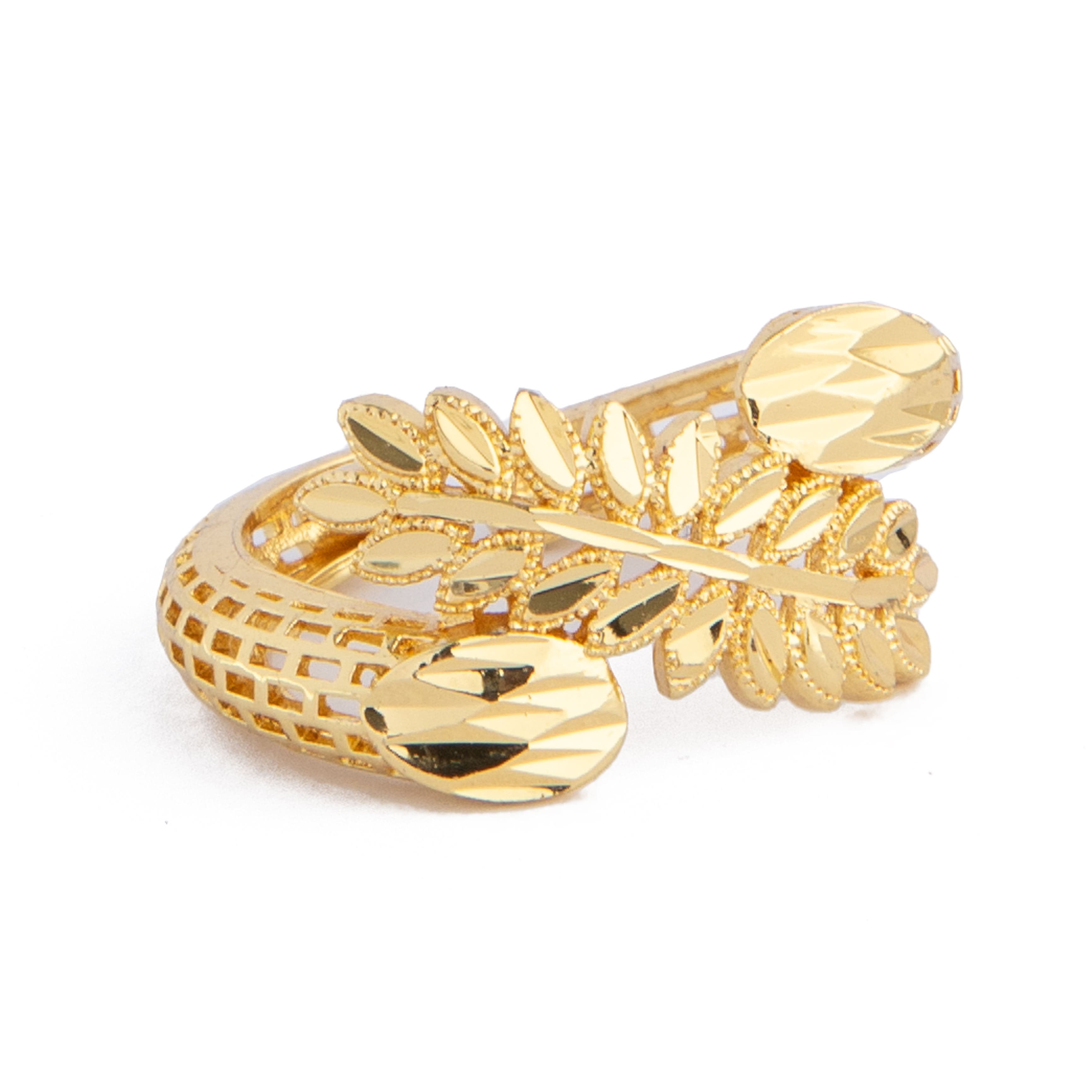 Golden laurel leaf ear cuff in gold-tone with open back and intricate detailing