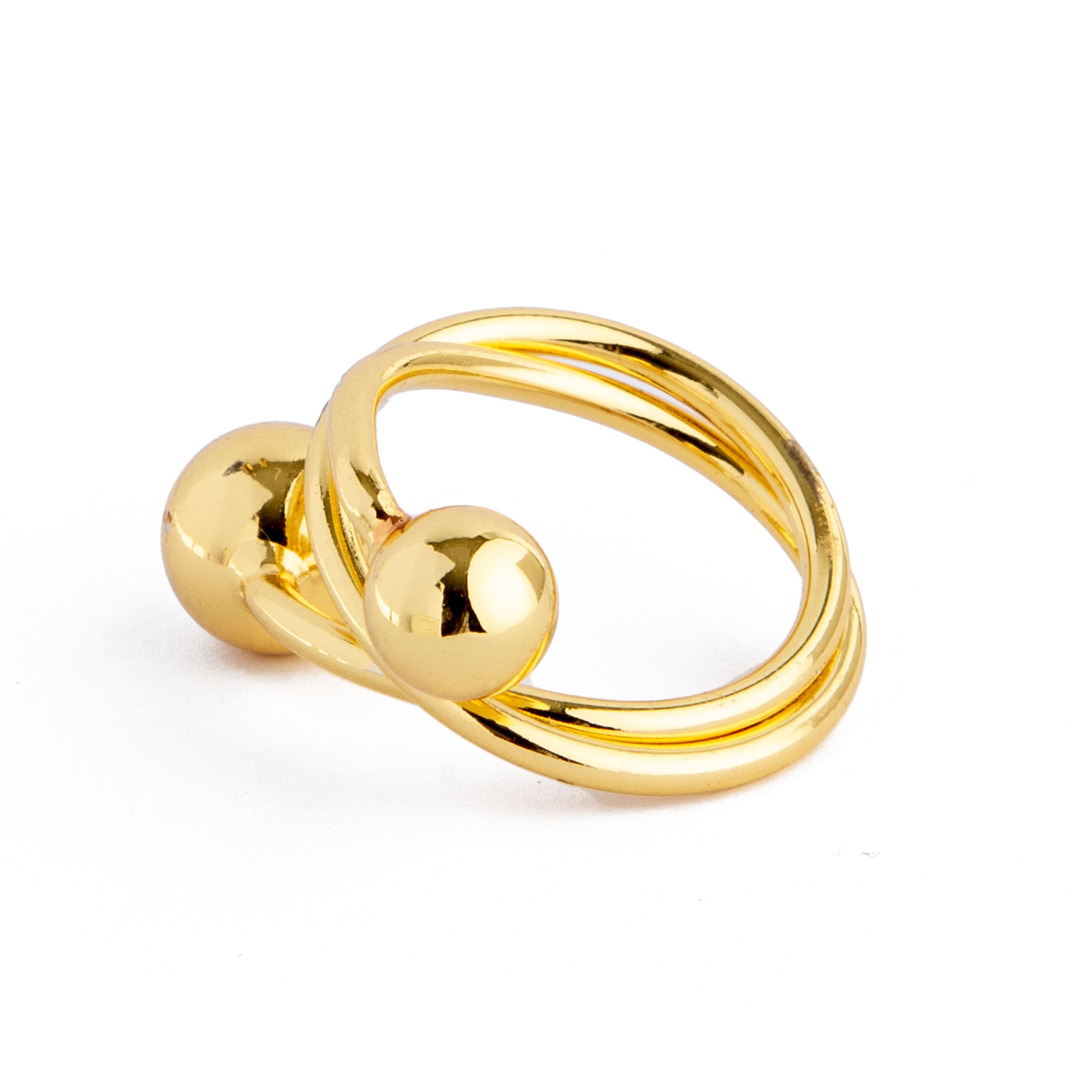 "Unisex minimalist open gold ring with double band and sphere ends"
