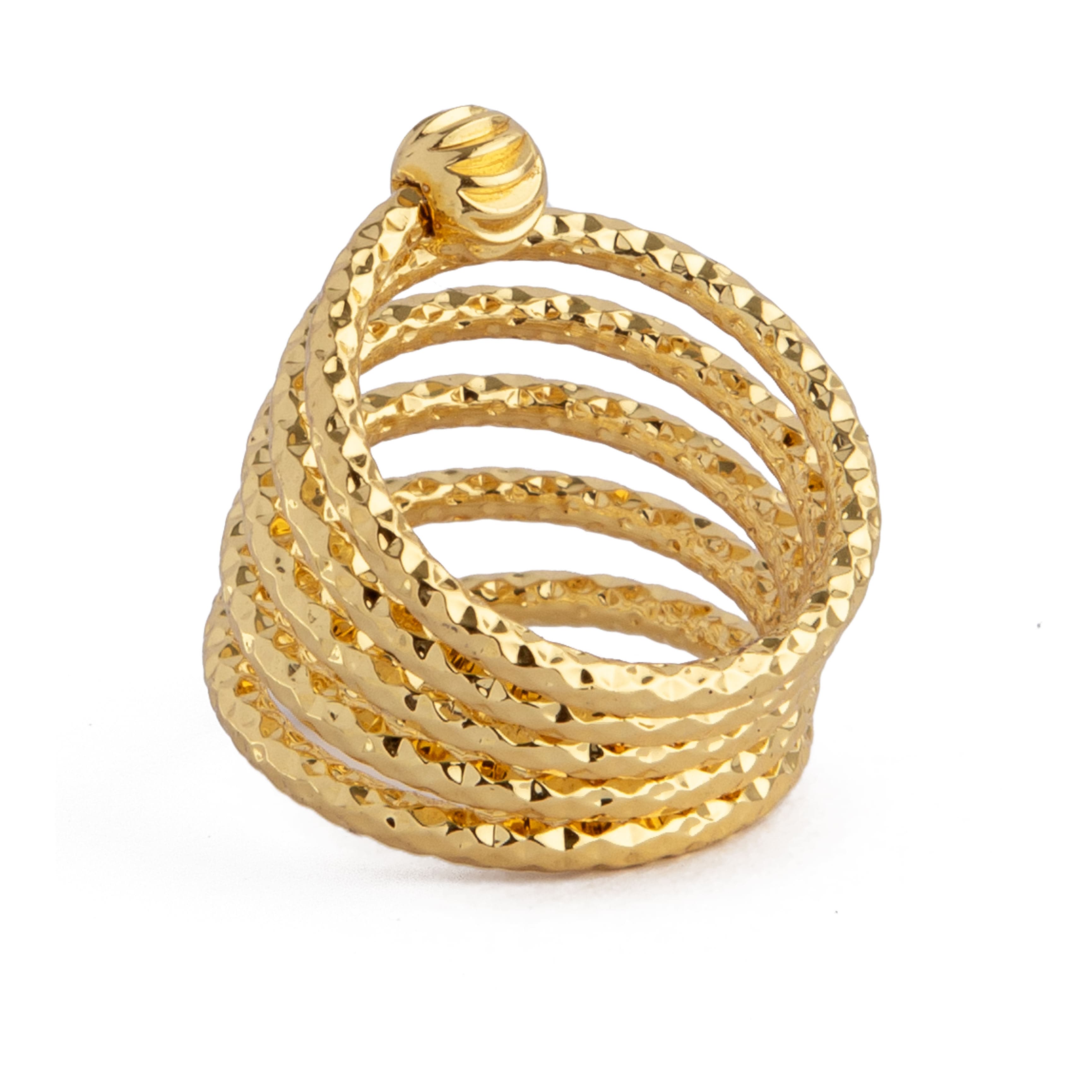 Text Textured spiral gold unisex ring with hammered finish and designer tips