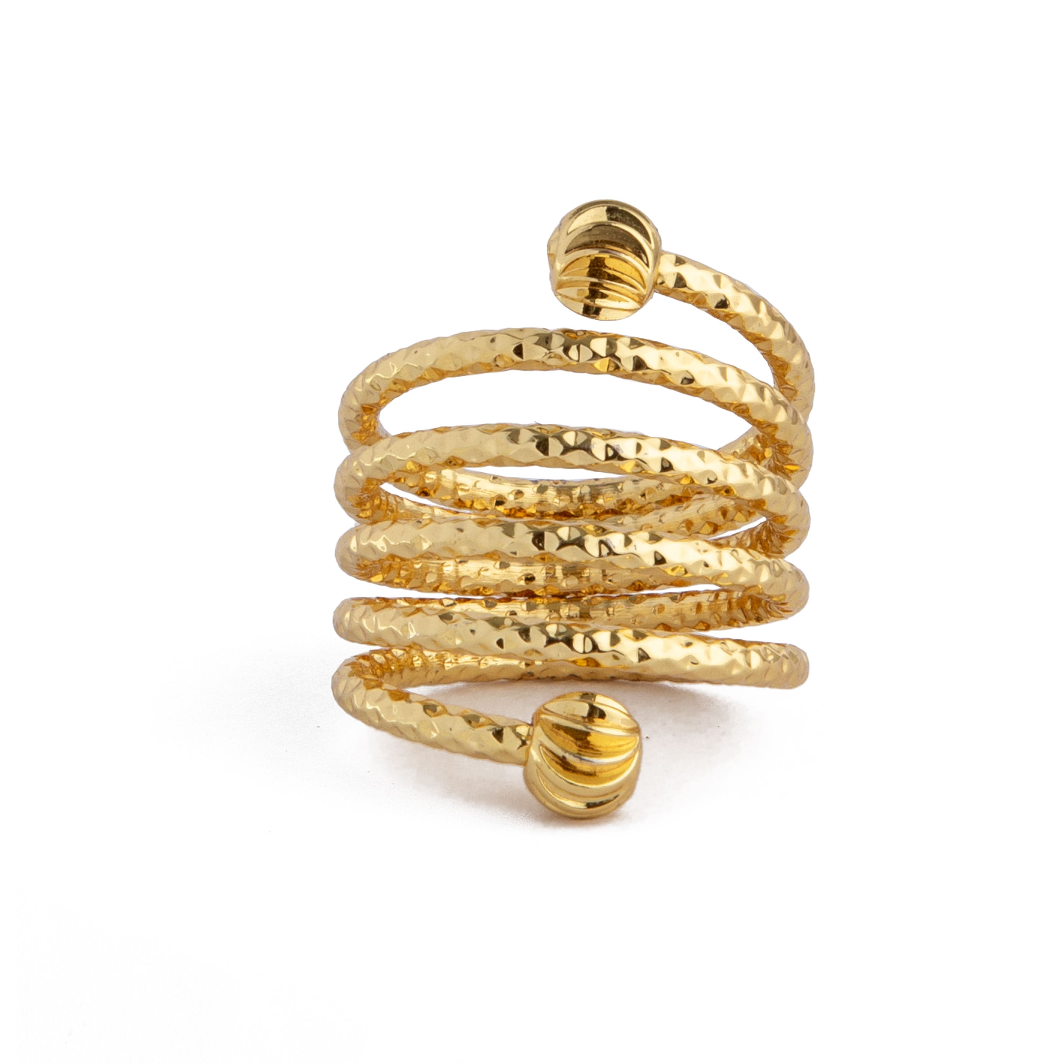 Text Textured spiral gold unisex ring with hammered finish and designer tips