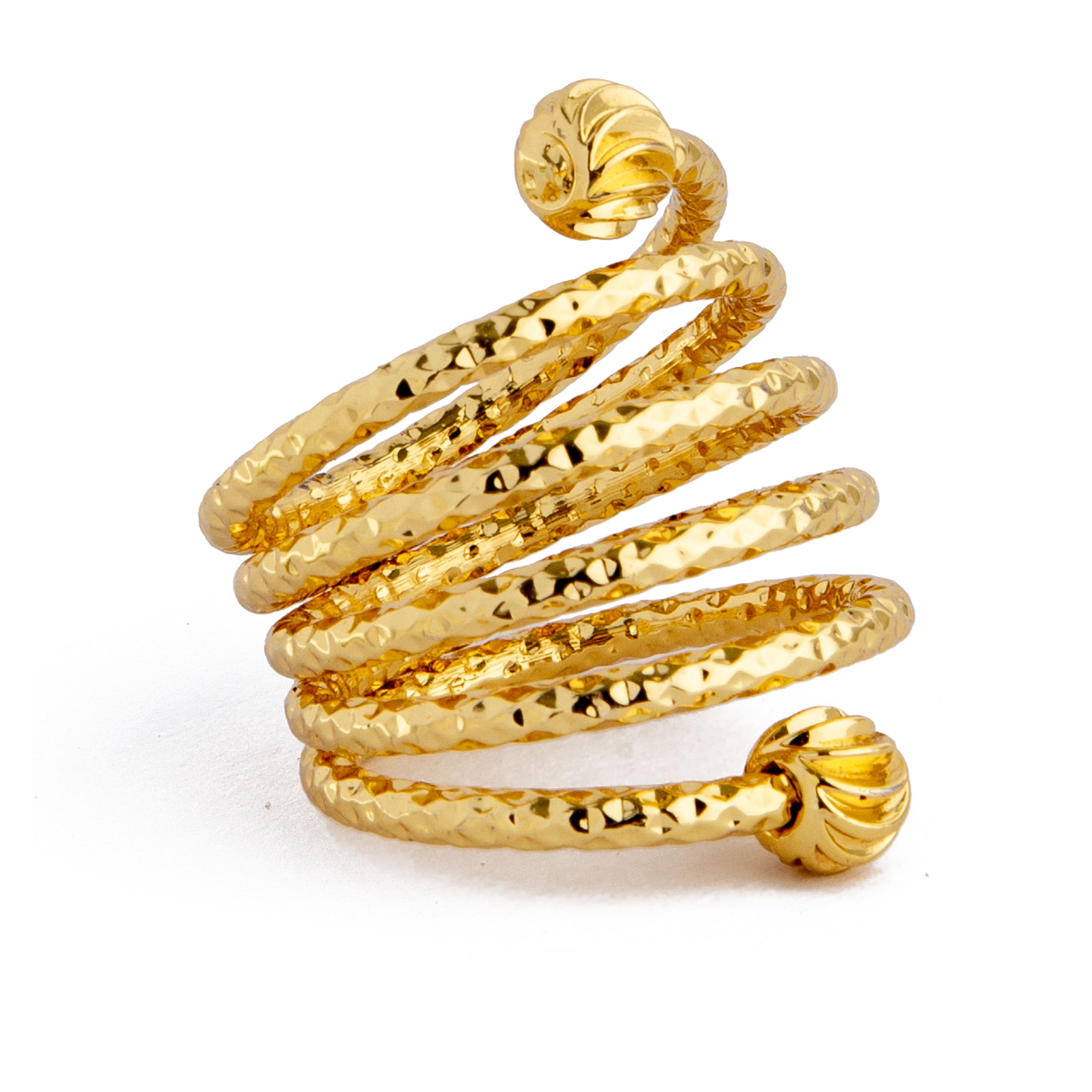 Textured spiral gold unisex ring with hammered finish and designer tips