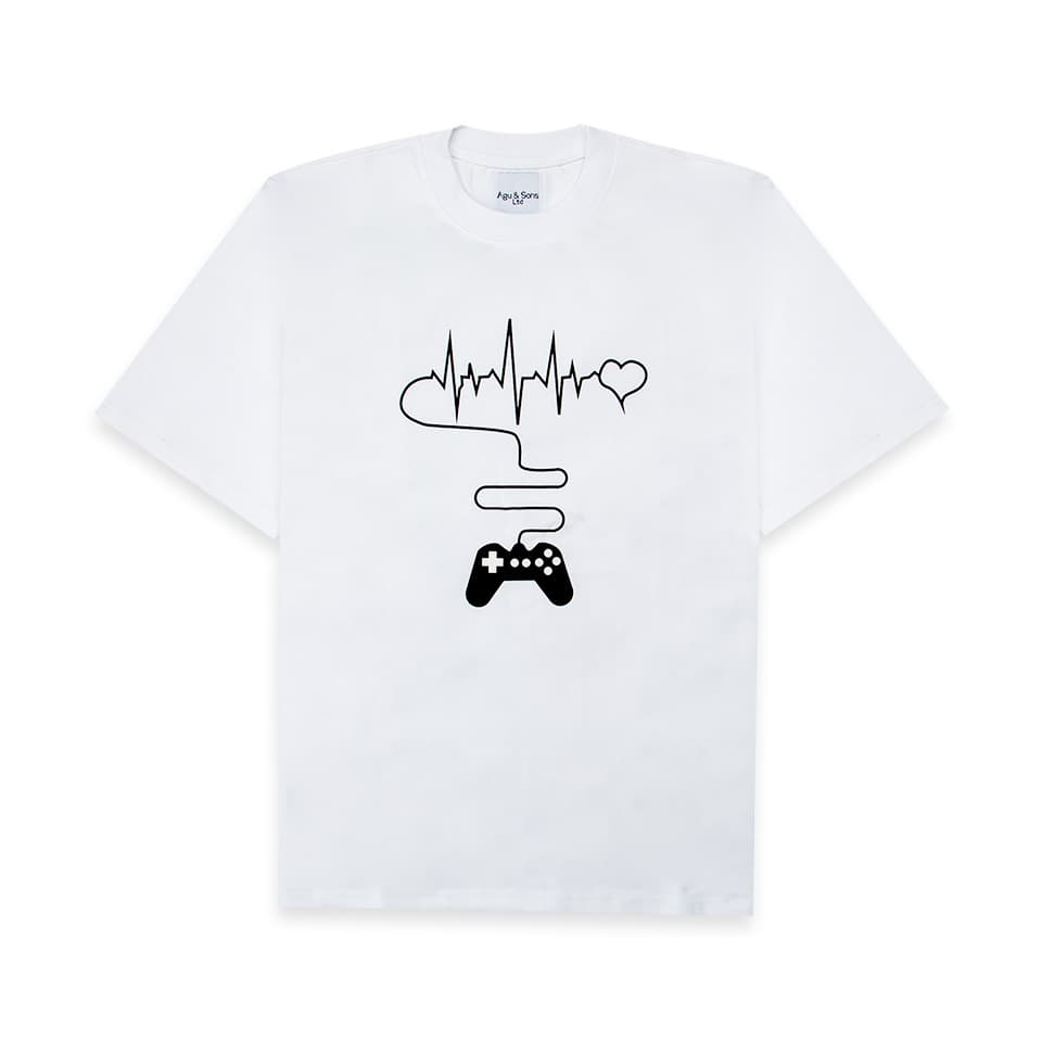 White t-shirt with heartbeat leading to game controller graphic. Gamer tee.