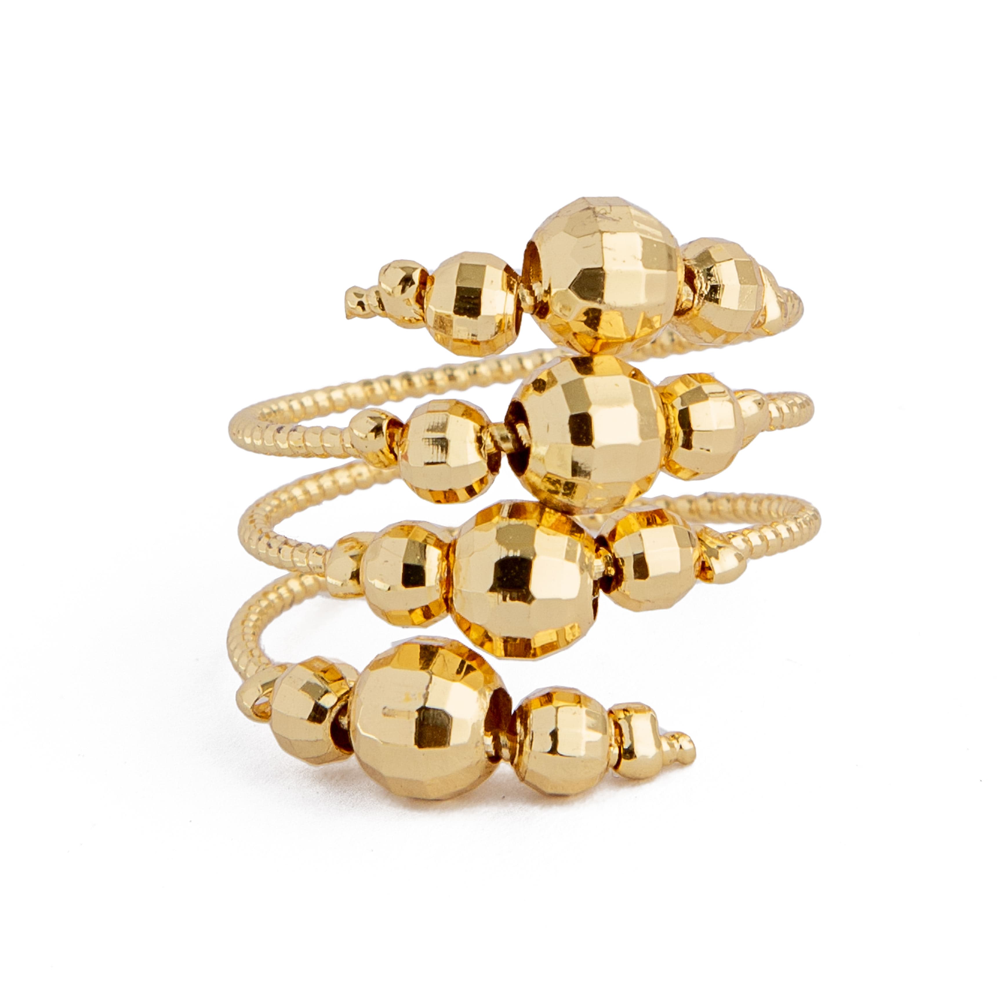 Gold spiral ring with faceted beads