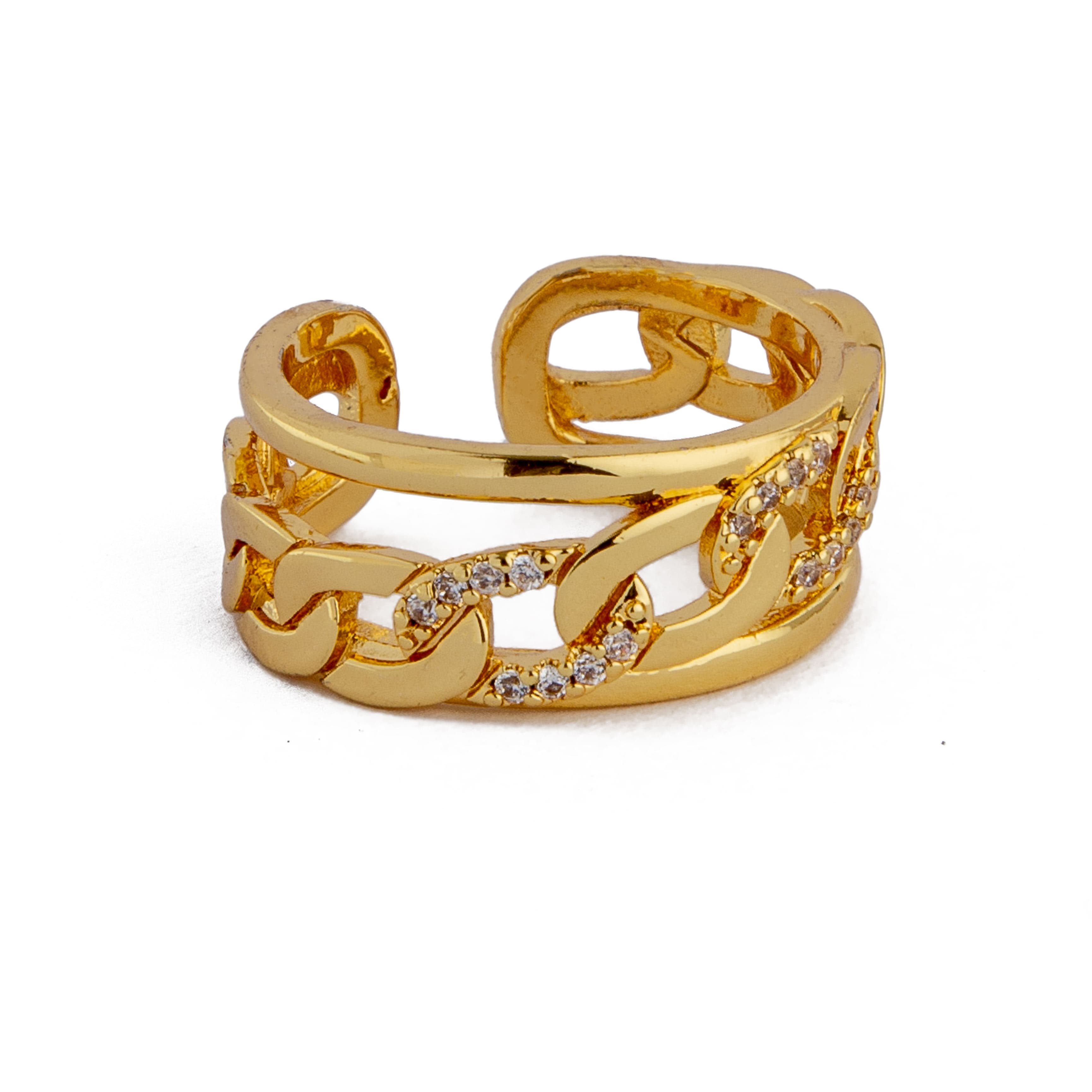 Stylish adjustable gold Cuban chain ring with crystals for men and women