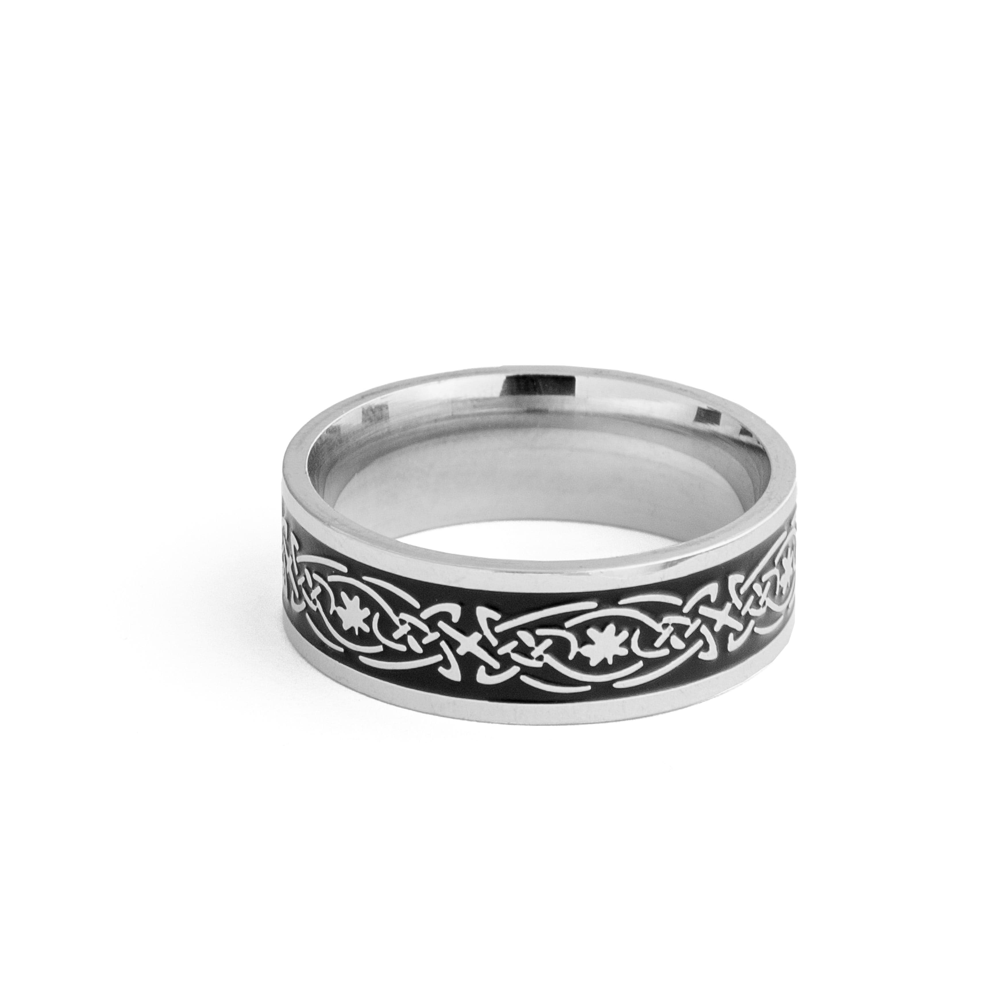 Celtic Engraved Stainless Steel Band Ring – Silver & Black Unisex Ring