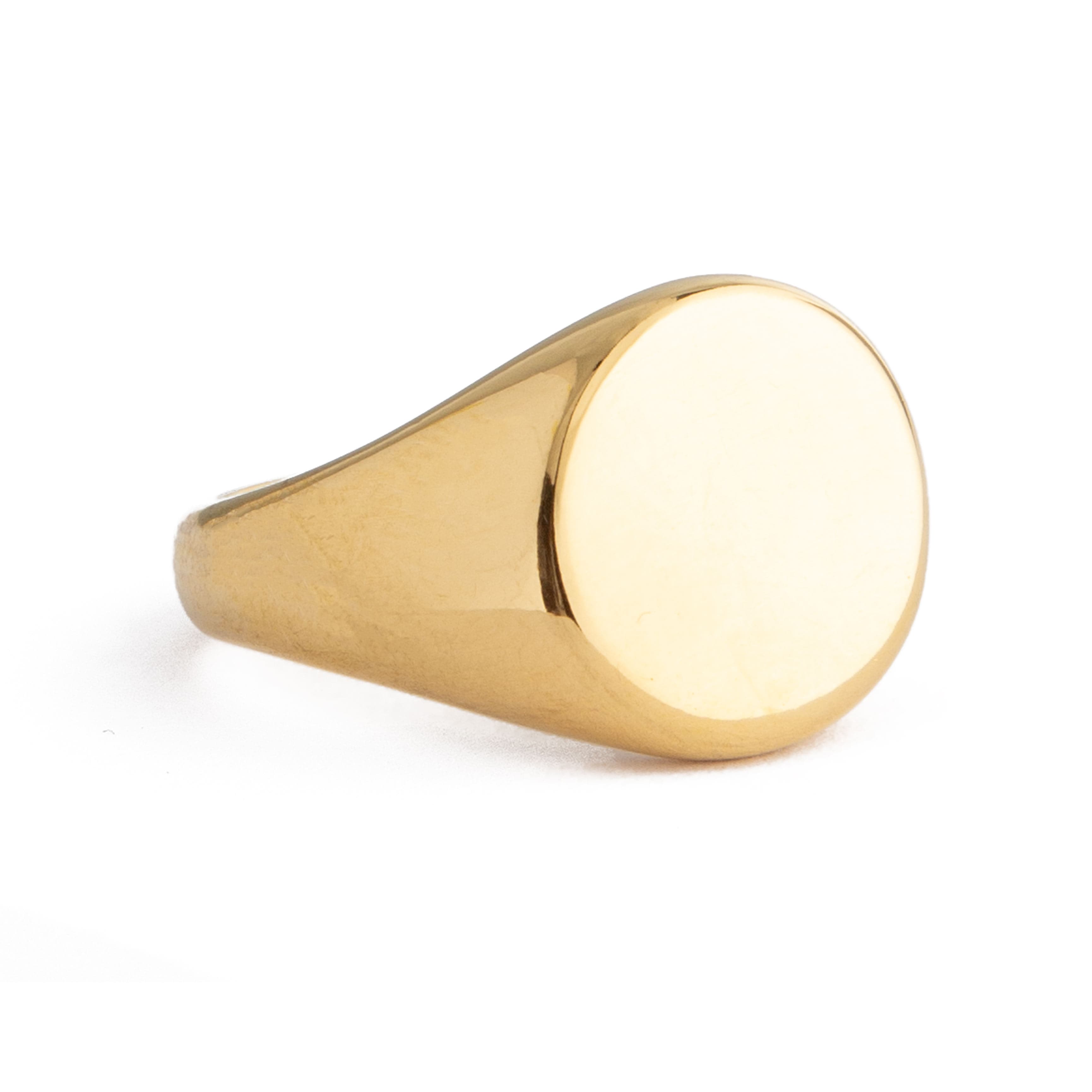 Classic unisex gold signet ring with a smooth round face