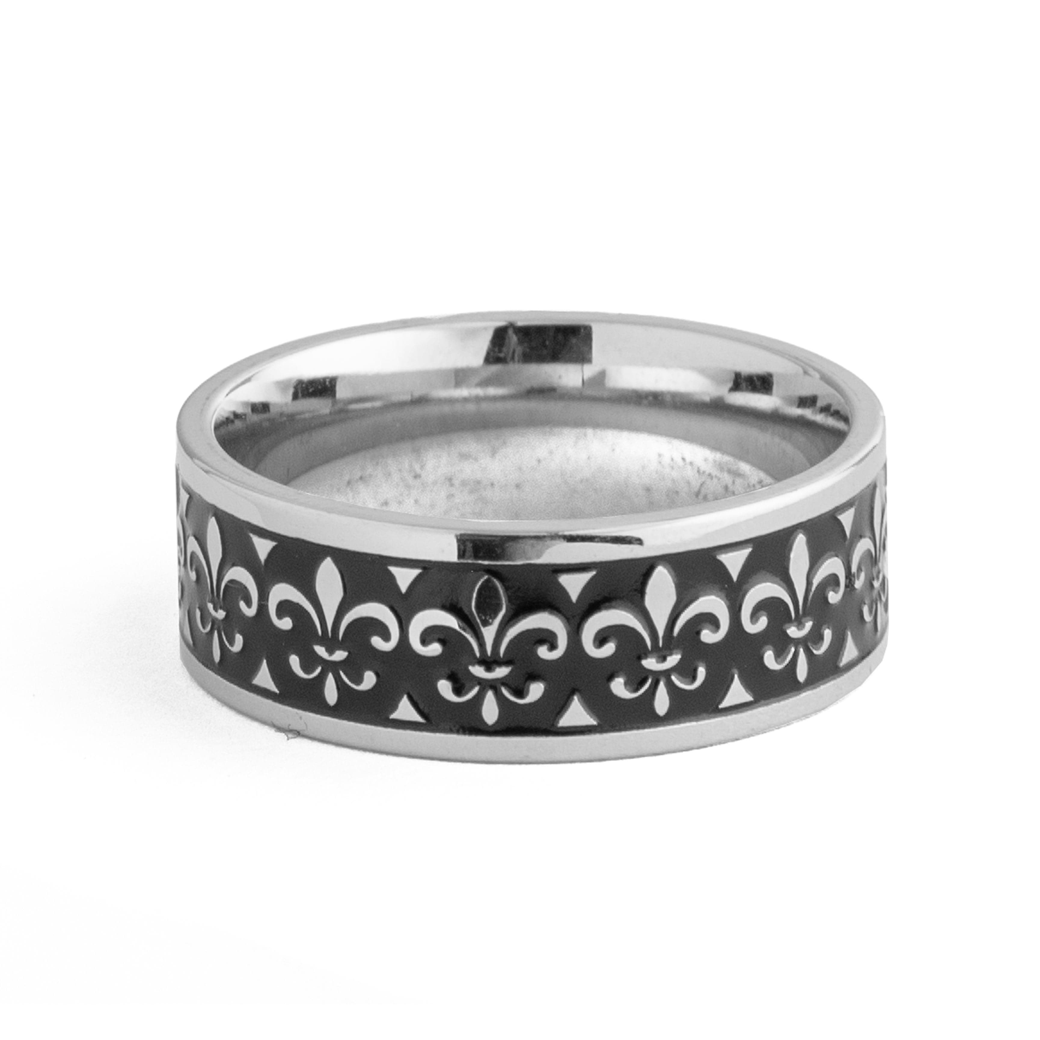 Sterling Silver Fleur De Lis Ring, unisex band with black inlay.