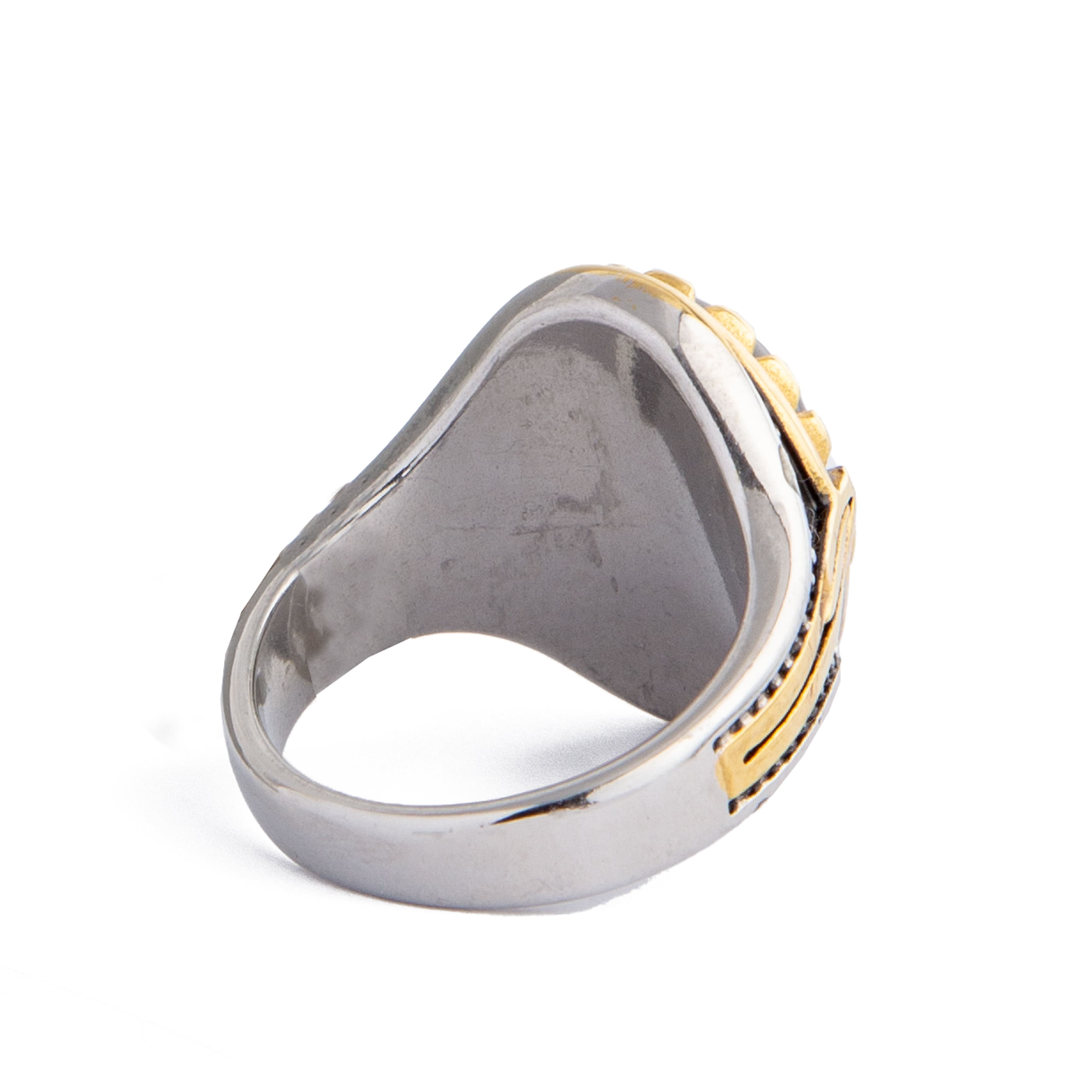 Assur Onyx Ring, black stone with silver and gold metal band, statement ring.