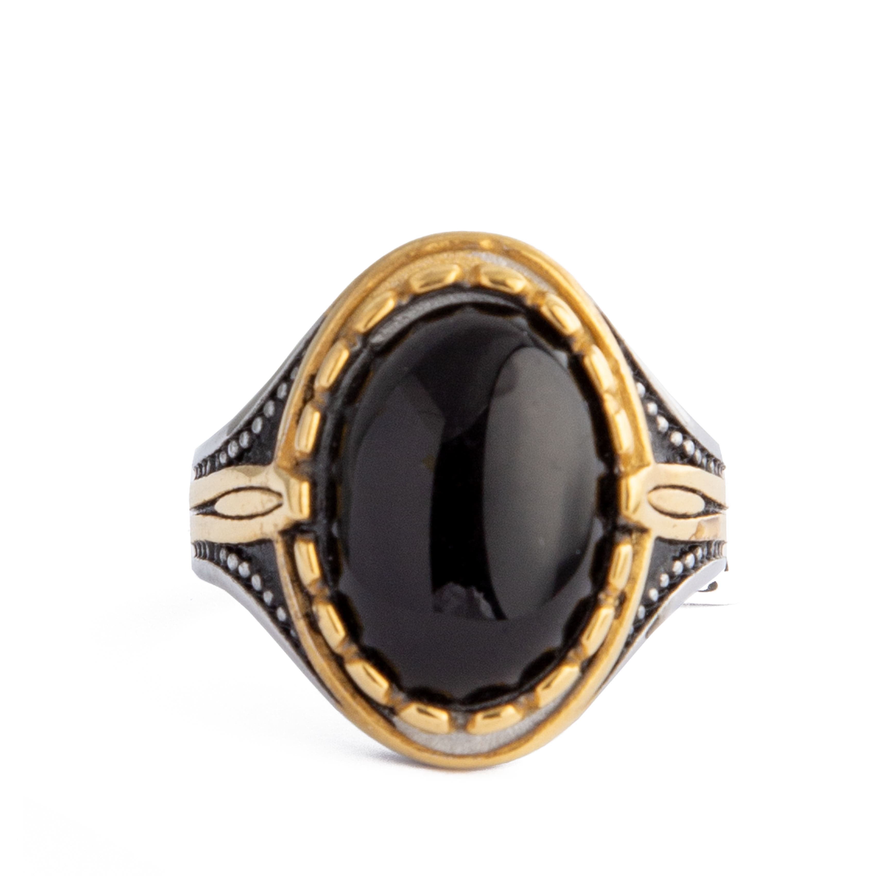 Assur Onyx Ring, black stone with silver and gold metal band, statement ring.