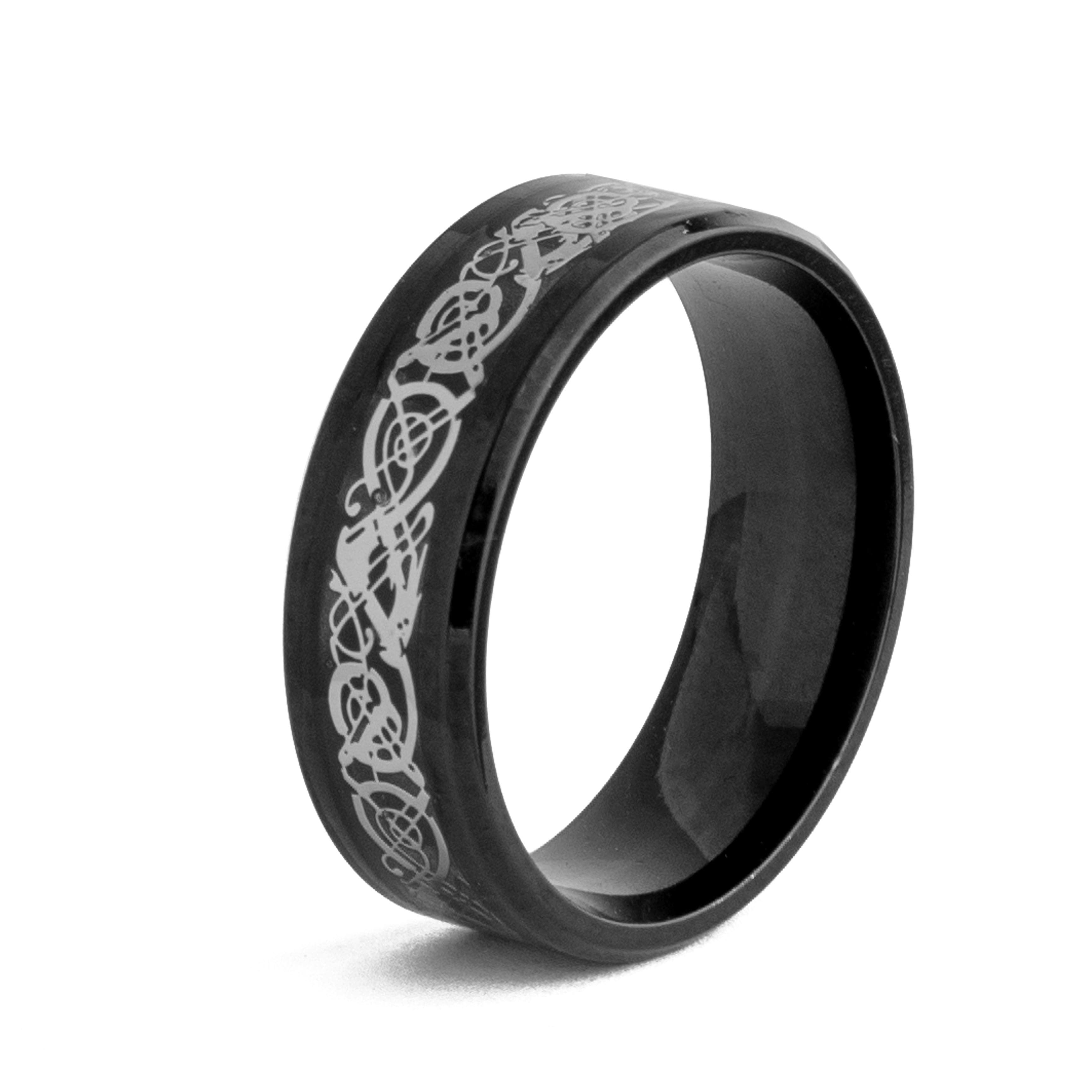 Celtic Dragon Black Tungsten Carbide Ring, men's band with grey laser-etched design.