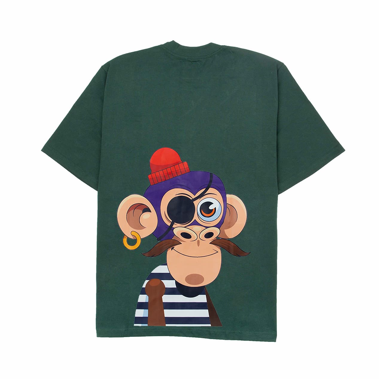 Dark green t-shirt with pirate monkey graphic. Cartoon animal tee.