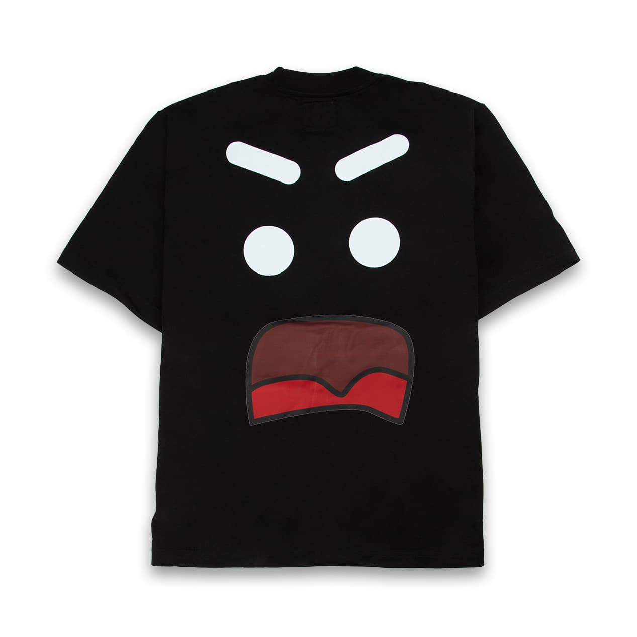 Black t-shirt with large expressive cartoon face graphic. Bold tee.