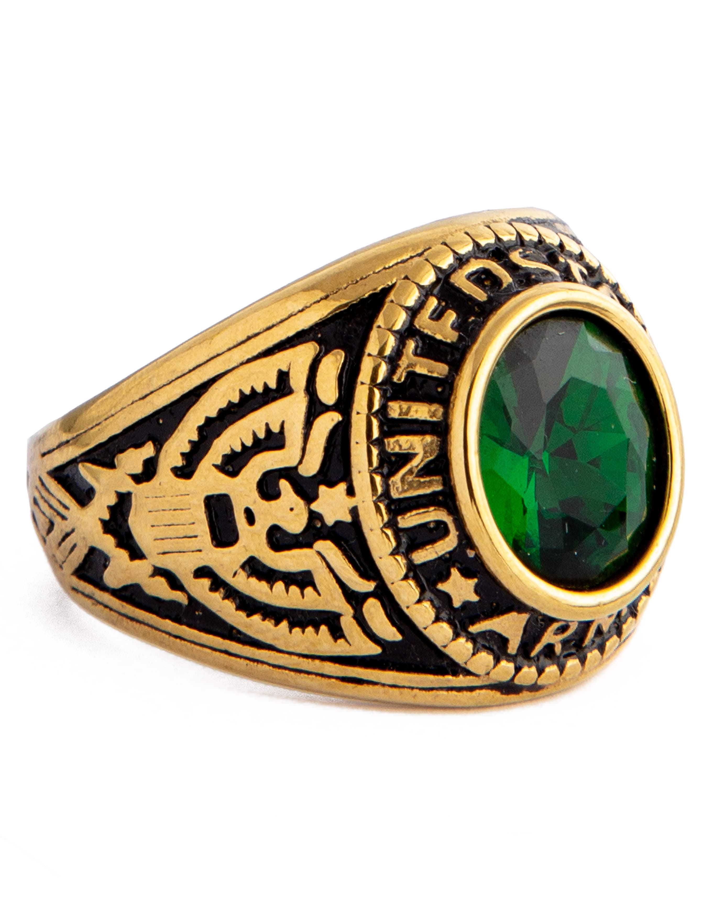 US Army Military Ring with Green Stone, 11575 - Gold