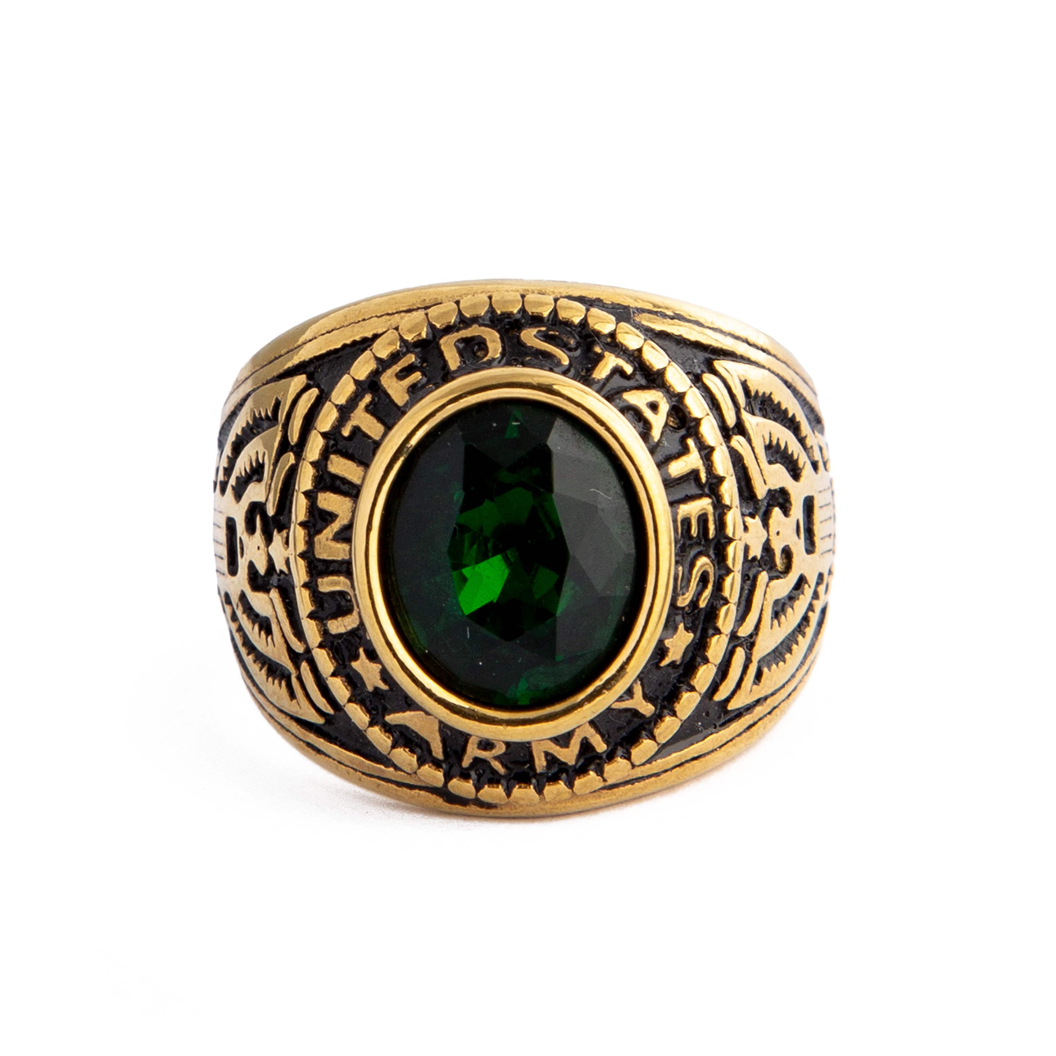 US Army Military Ring with Green Stone, gold-toned band, patriotic design.
