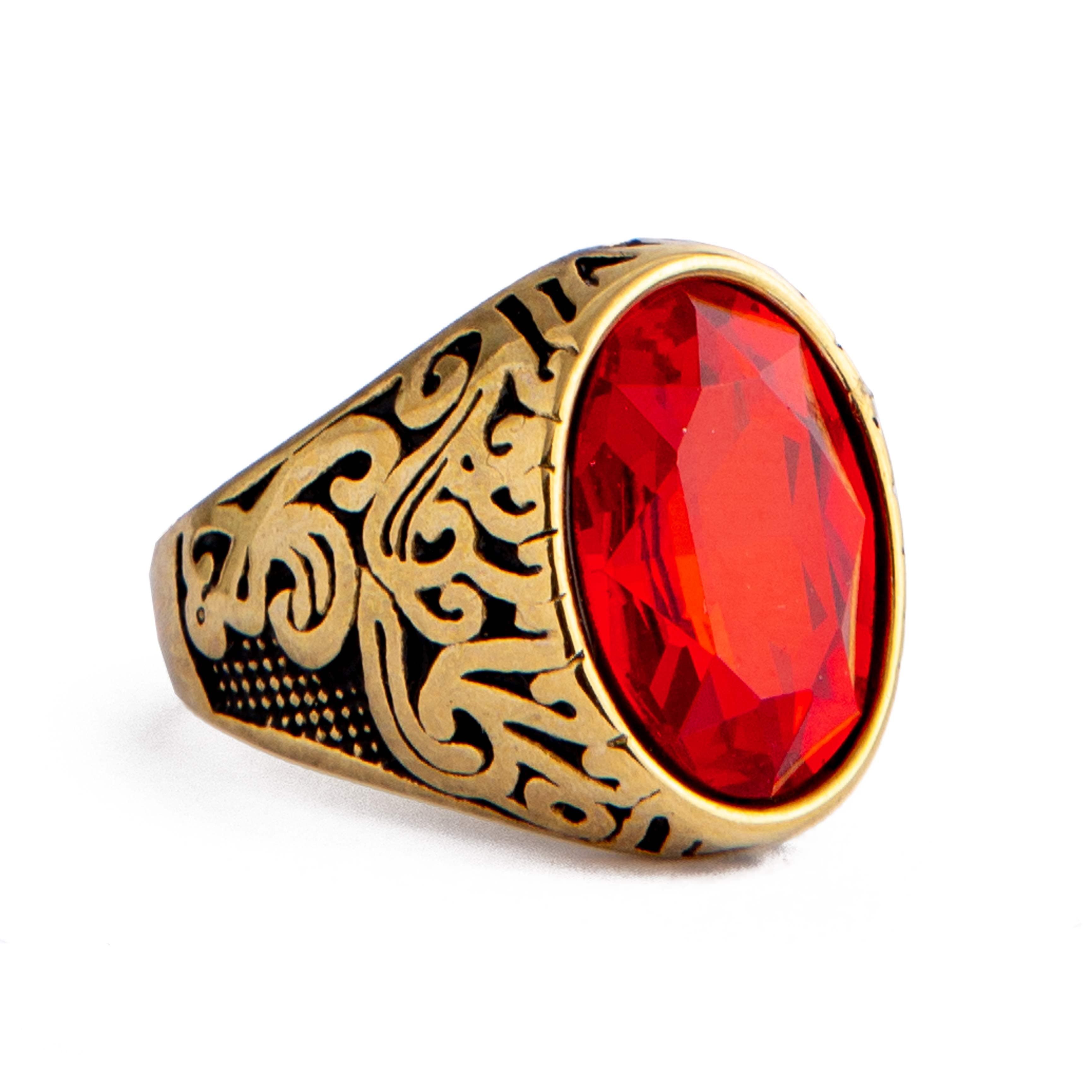 Red Gemstone Gold-Toned Statement Ring, men's ring with ornate design.